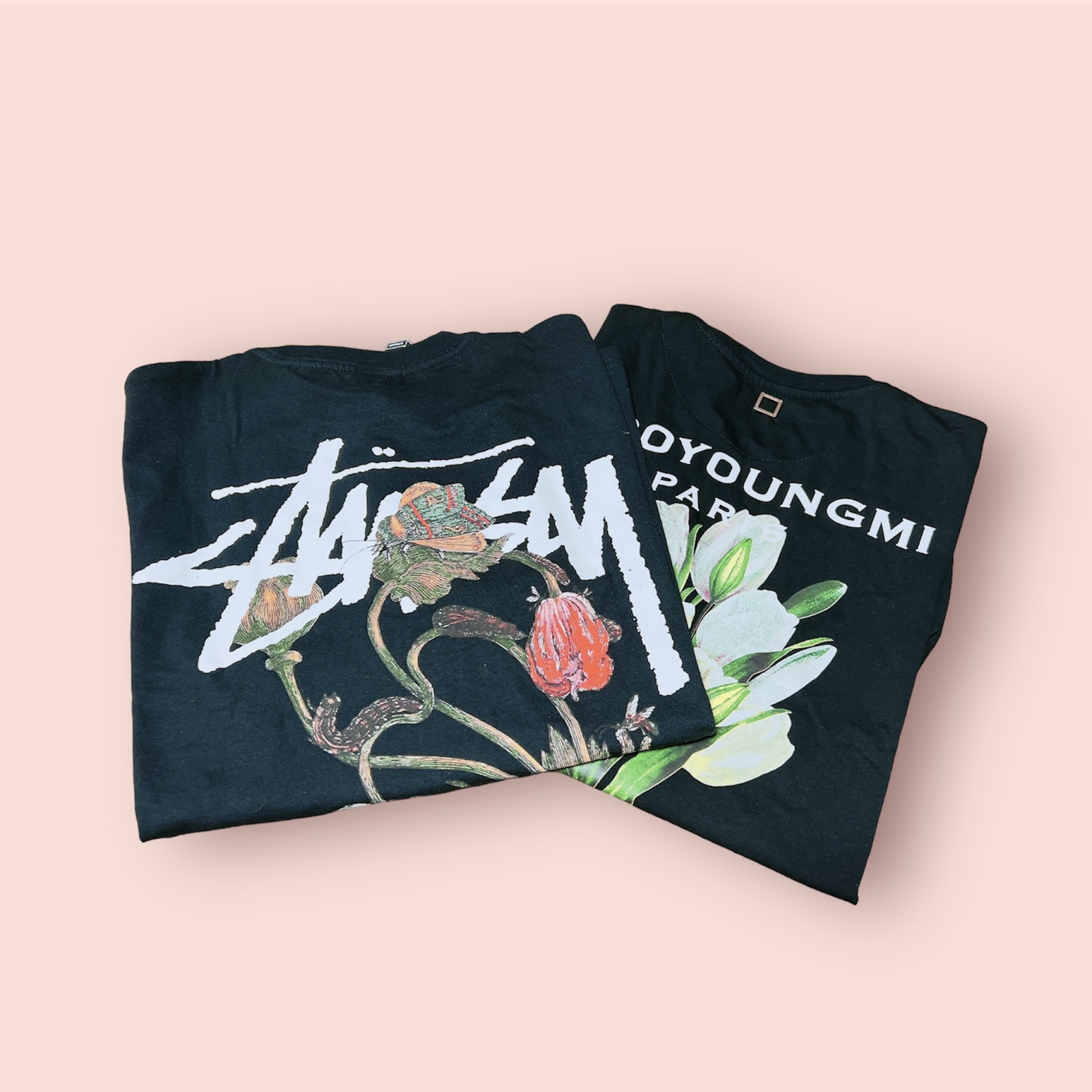 Stussy Withered Flower T-Shirt Black, Wooyoungmi Flower Print Back Logo T-Shirt Black - 22SS 착용 스타일