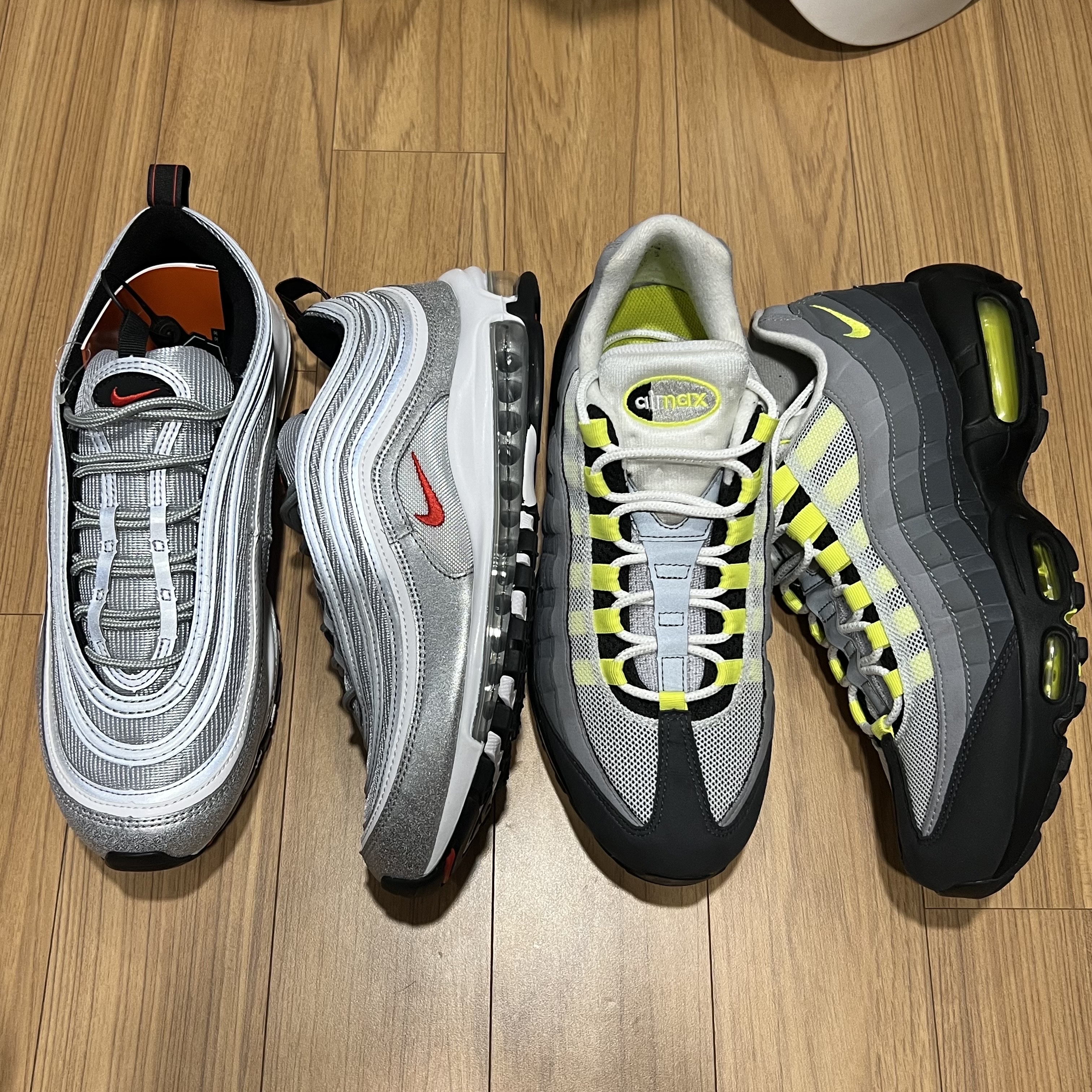 Nike Air Max 97 OG Silver Bullet 2022, Nike Air Max 95 OG Neon Yellow 2020 착용 스타일
