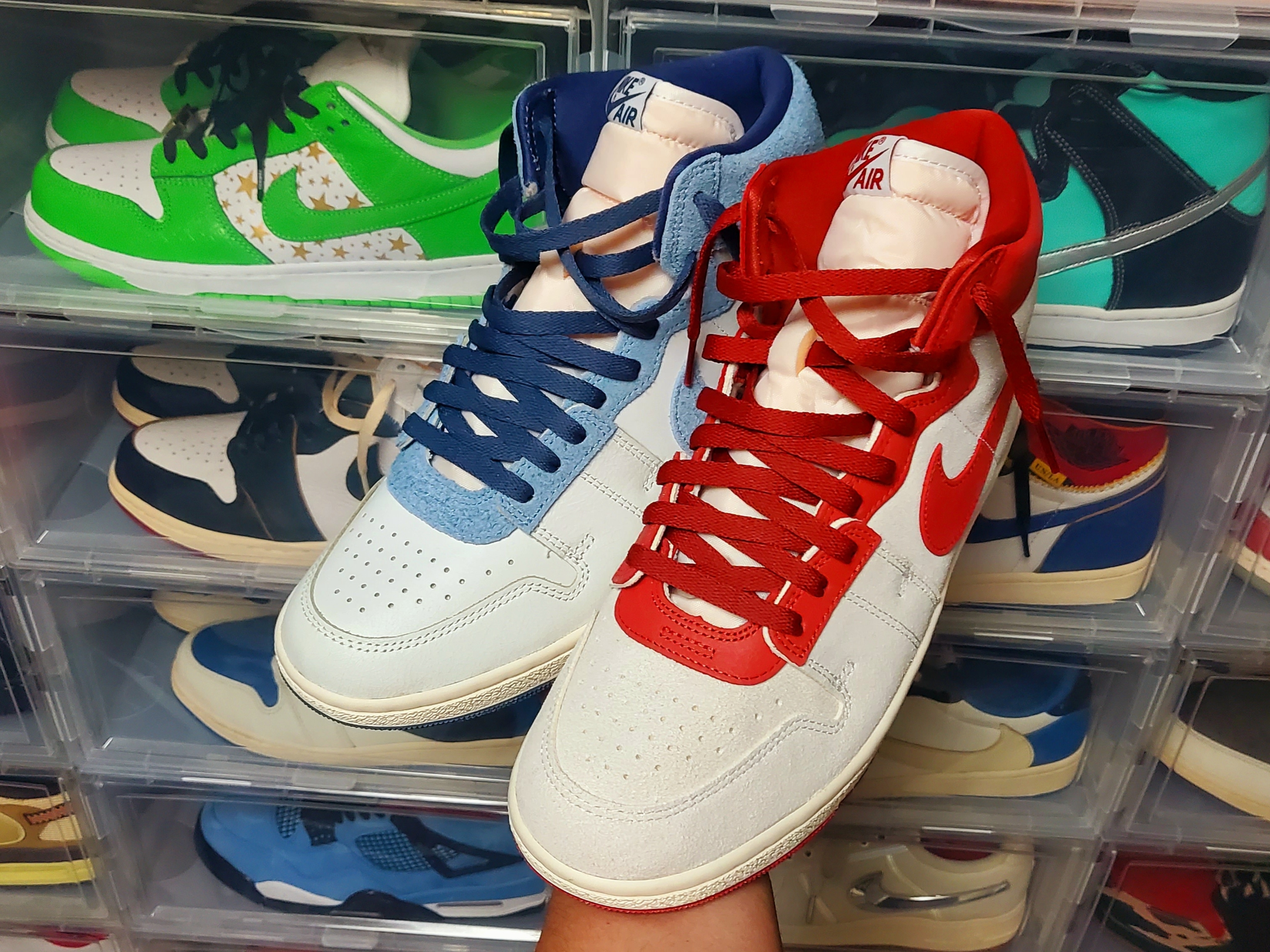 Jordan Air Ship PE SP Summit White Dune Red, Jordan Air Ship PE SP Summit White Diffused Blue 착용 스타일 - 5