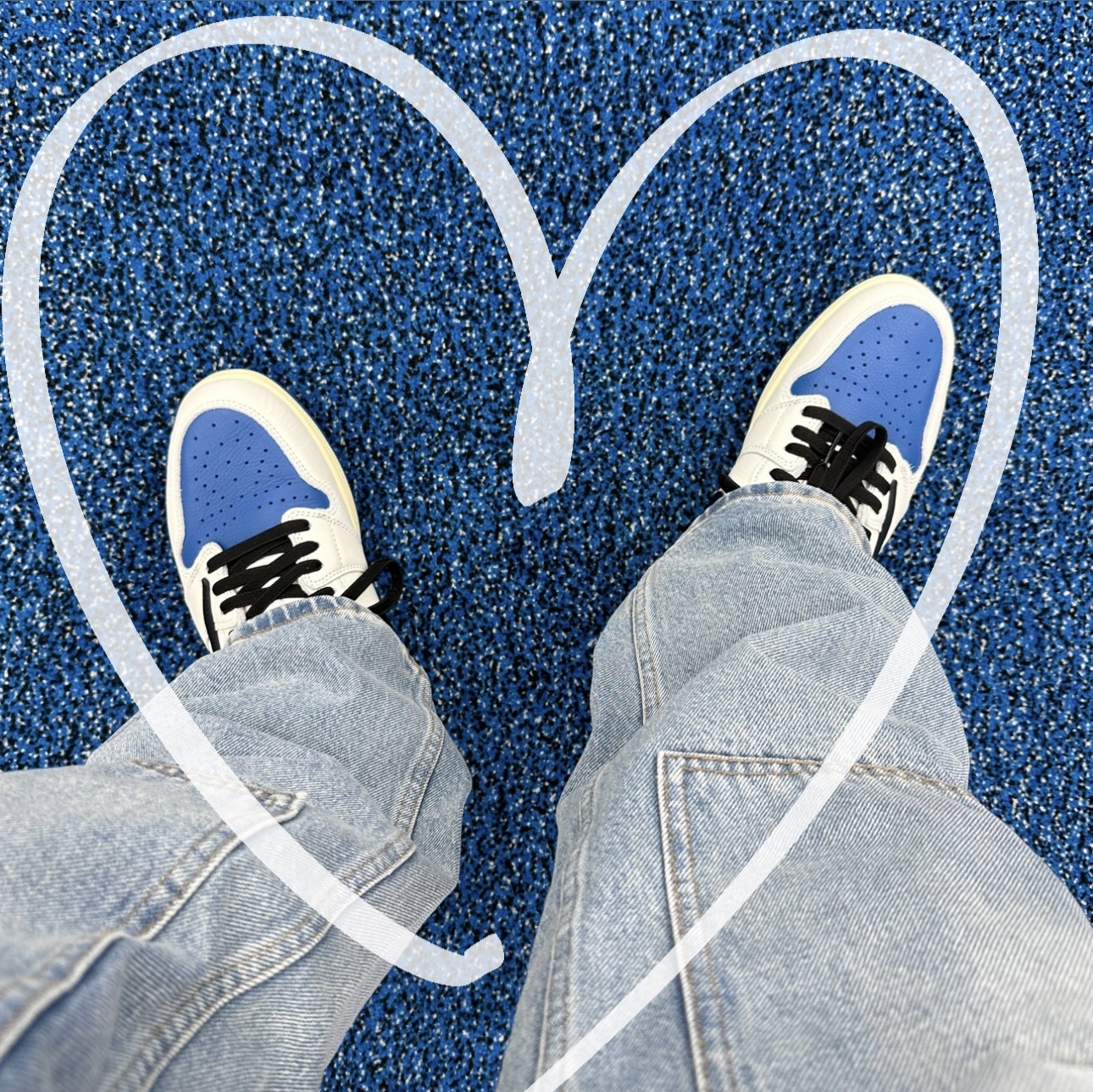 Jordan 1 x Travis Scott x Fragment Retro High OG SP Military Blue, Supreme Double Knee Painter Pant Washed Blue - 23SS 착용 스타일