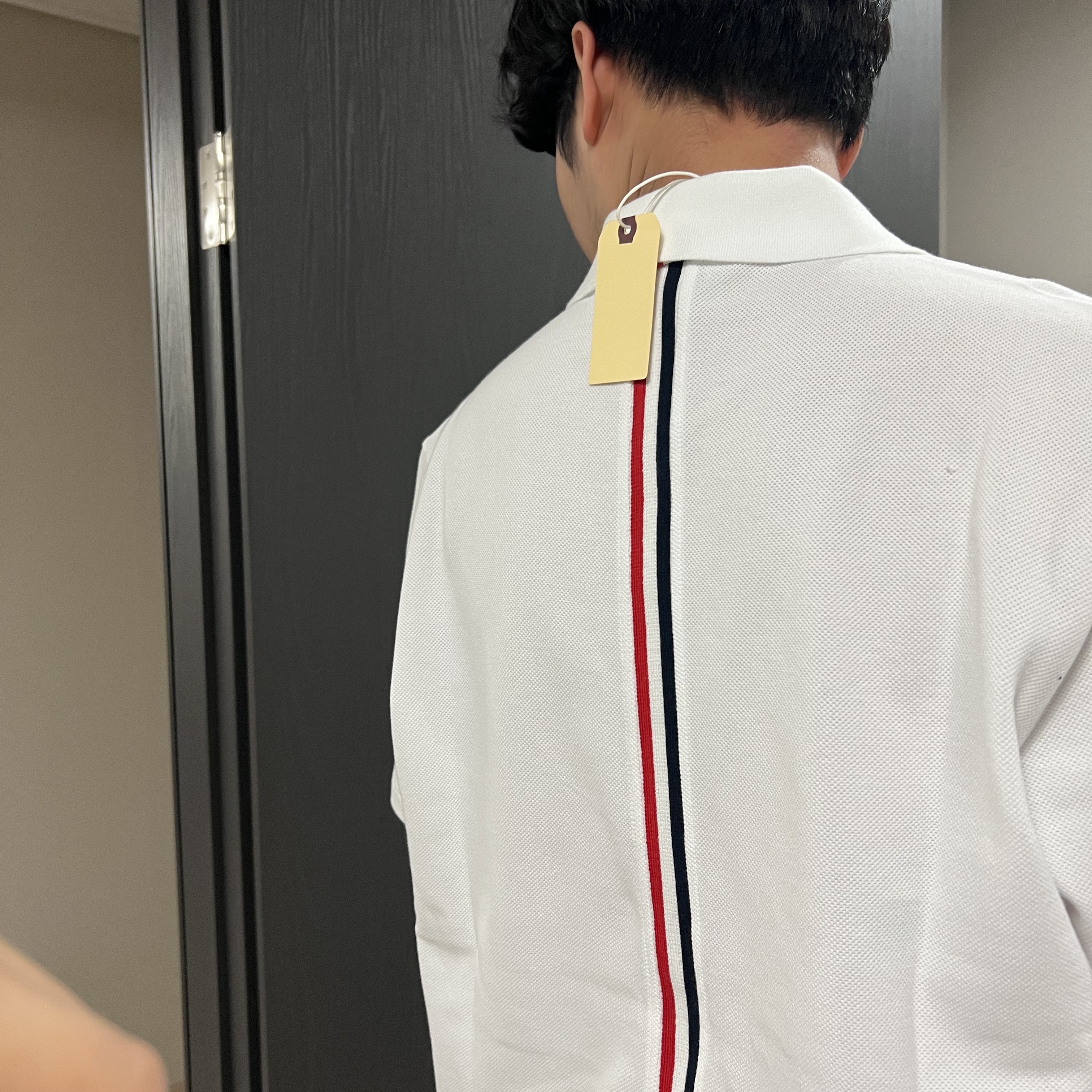 Thom Browne Cotton Pique Center Back Stripe Relaxed Fit Polo White 착용 스타일