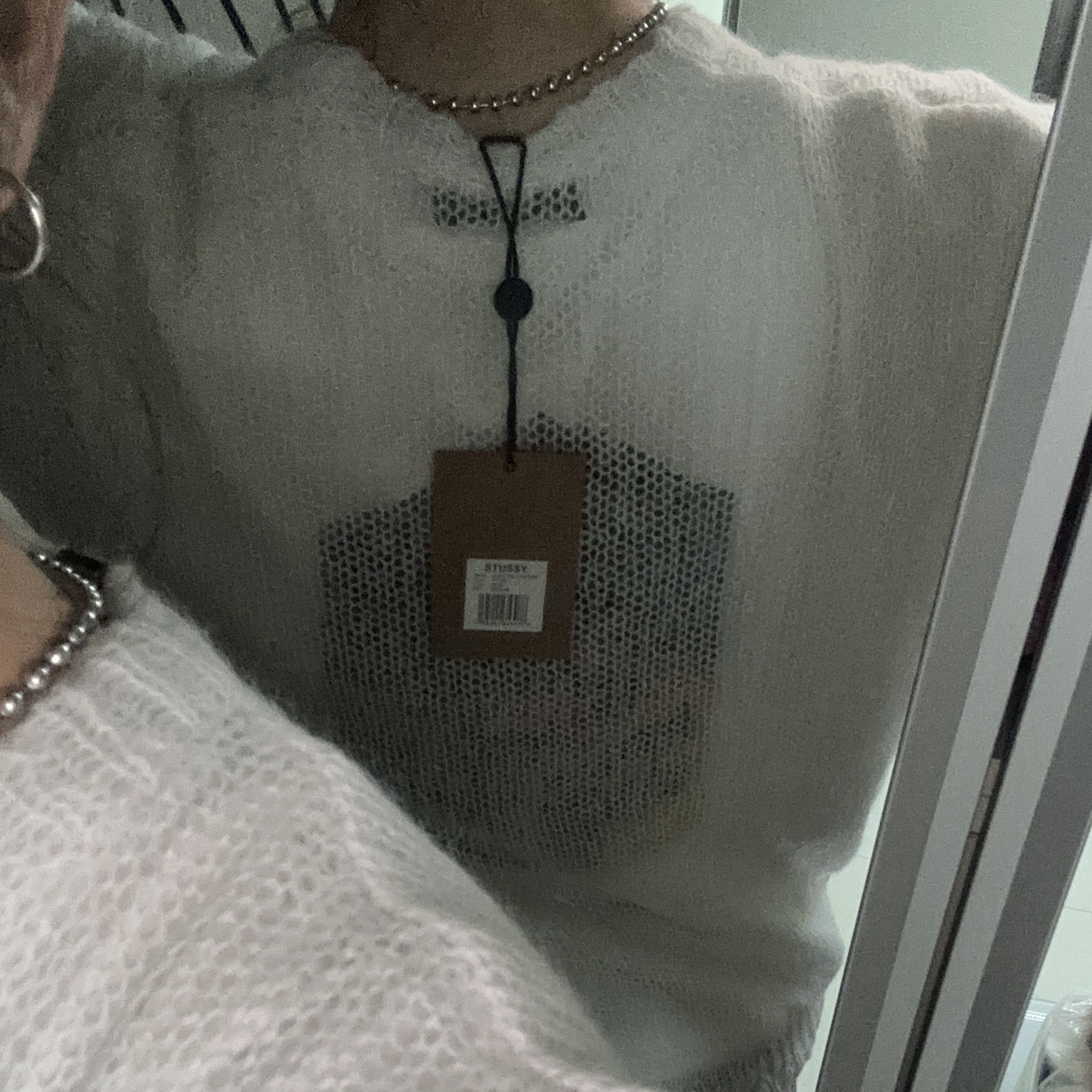Stussy Loose Knit Logo Sweater Bone 착용 스타일 - 2