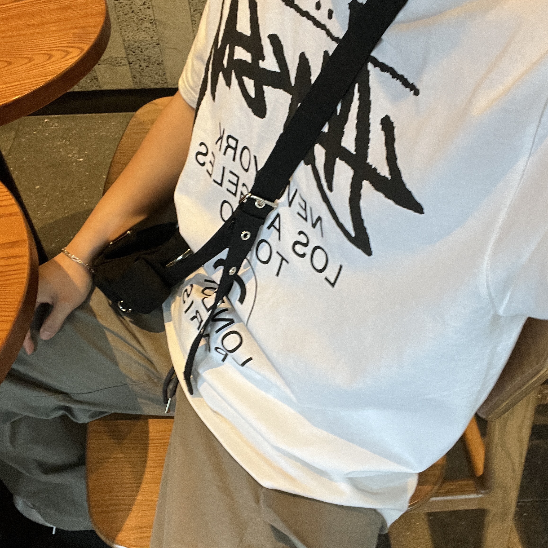 Stussy World Tour T-Shirt White, Matin Kim Cargo Cross Mini Bag Black 착용 스타일