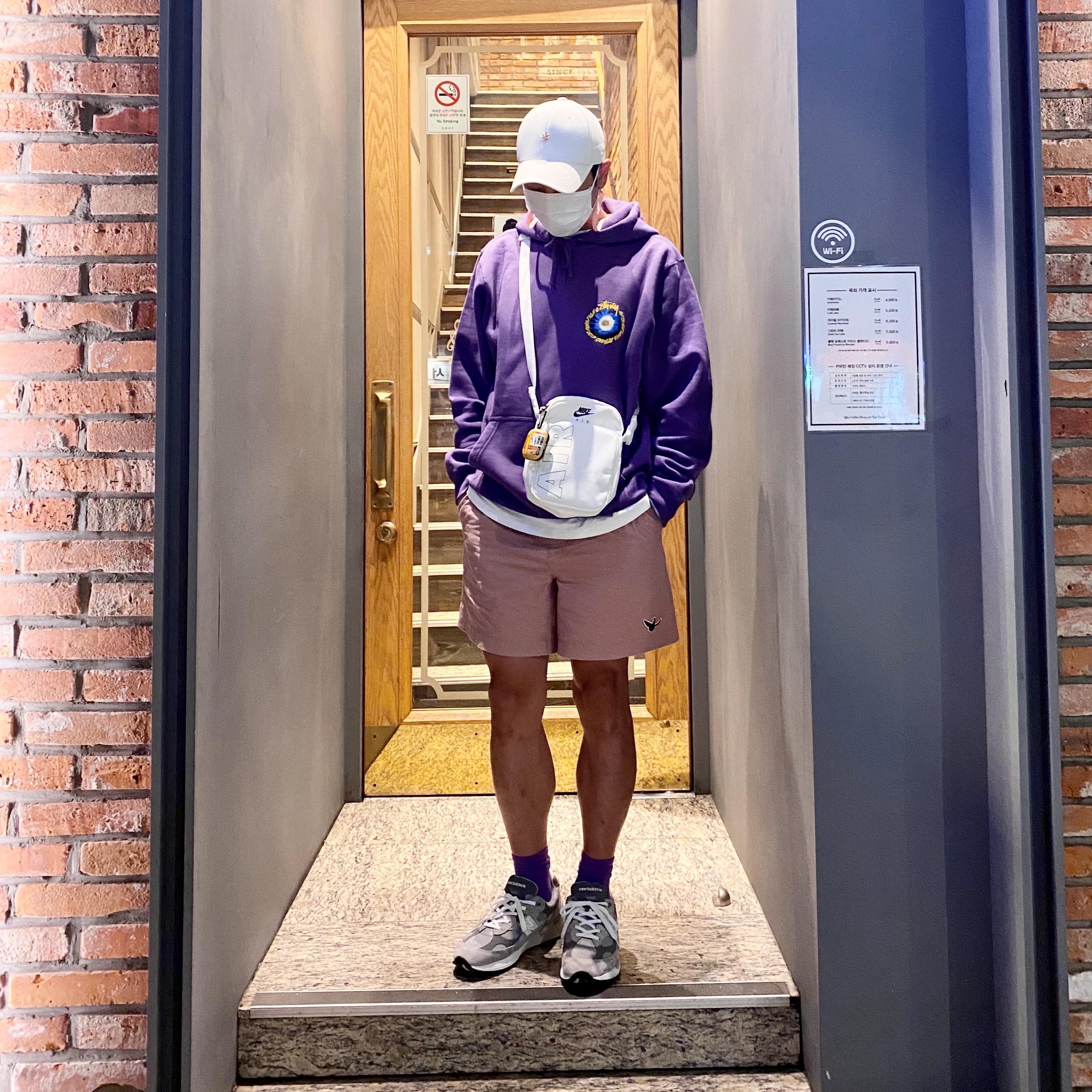 New Balance 992 Made in USA Grey - D Standard, Stussy Cosmos Hood Purple 착용 스타일 - 1