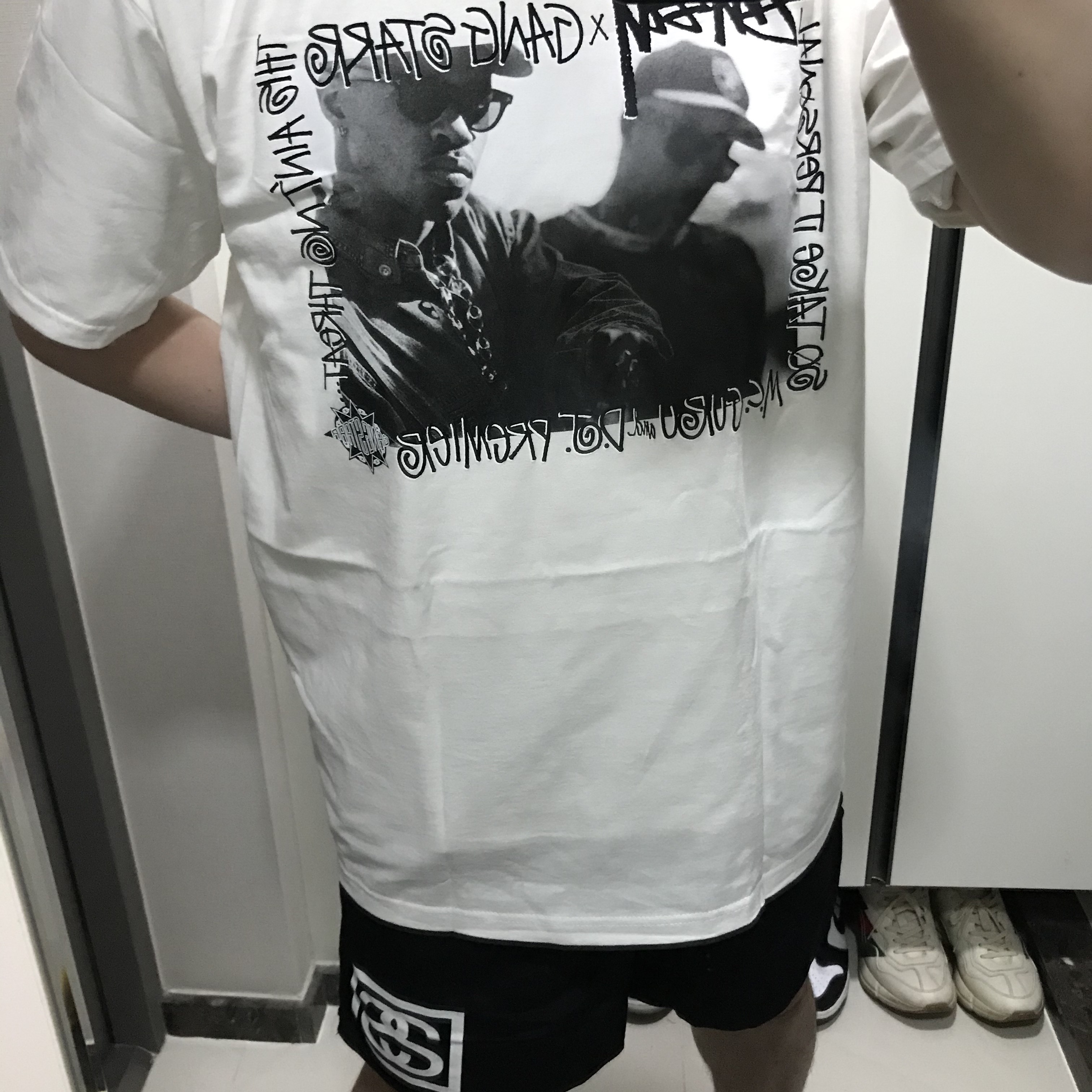 Stussy x Gang Starr Take It Personal T-Shirt White, Stussy SS Link Water Shorts Black 착용 스타일