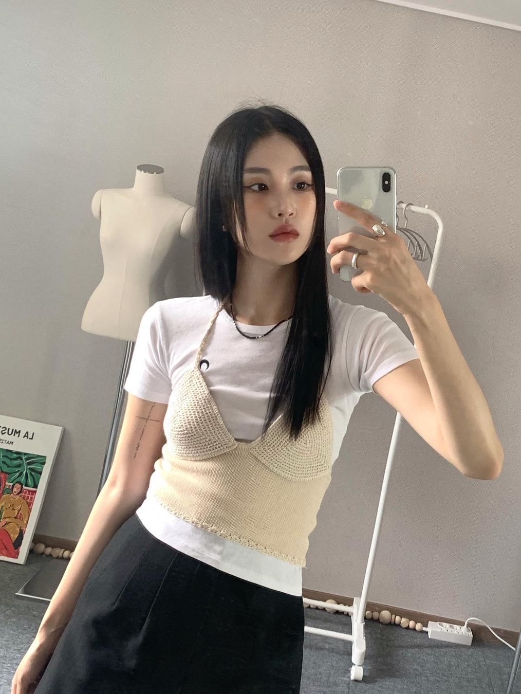 (W) Marine Serre Organic Cotton Mini Fit T-Shirt White 착용 스타일