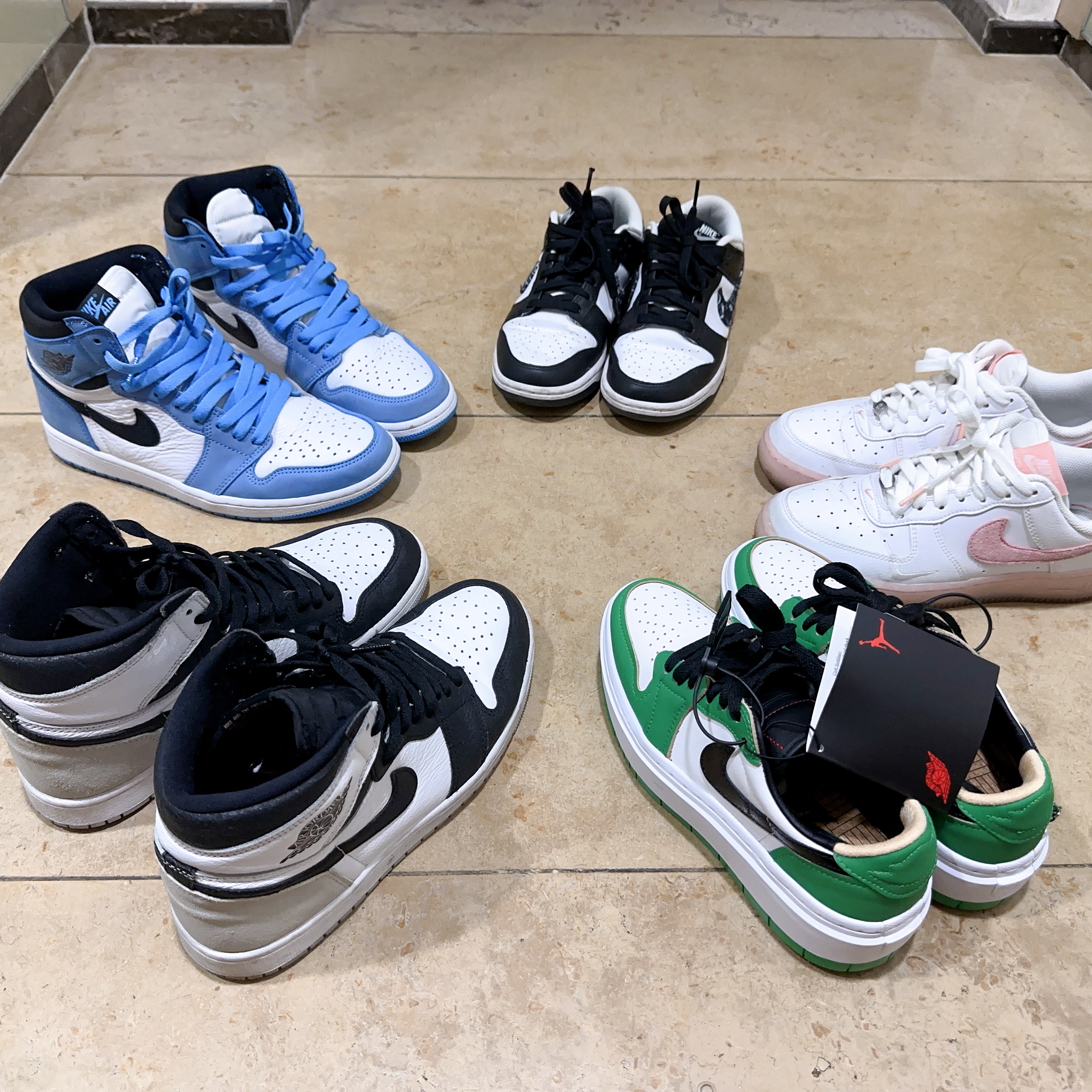 (W) Jordan 1 Elevate Low SE Lucky Green, Jordan 1 Retro High OG University Blue 착용 스타일