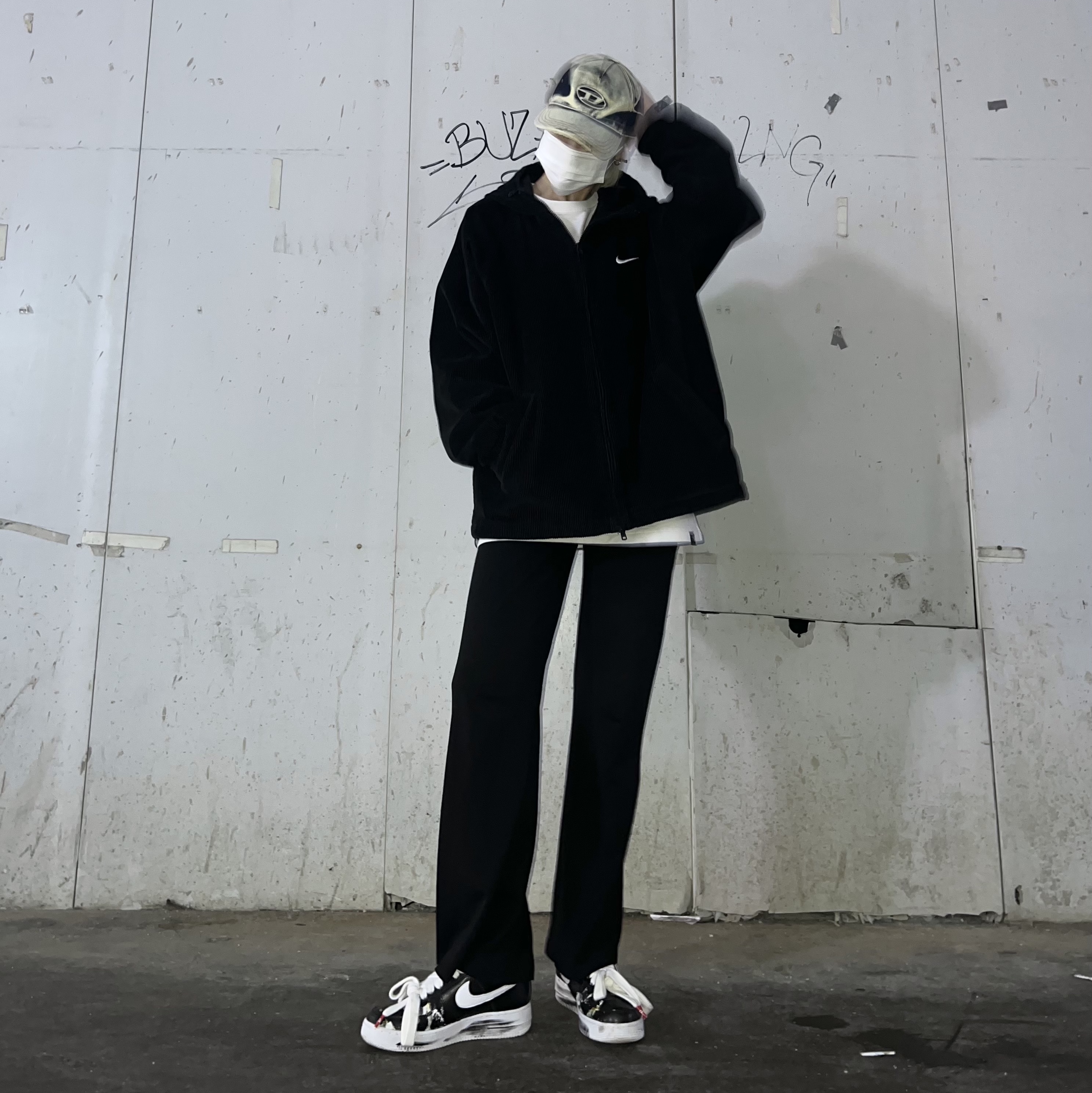 Diesel C-Seymon Treated Denim Baseball Cap Blue White, Supreme x Nike Arc Corduroy Hooded Jacket Black - 22SS 착용 스타일
