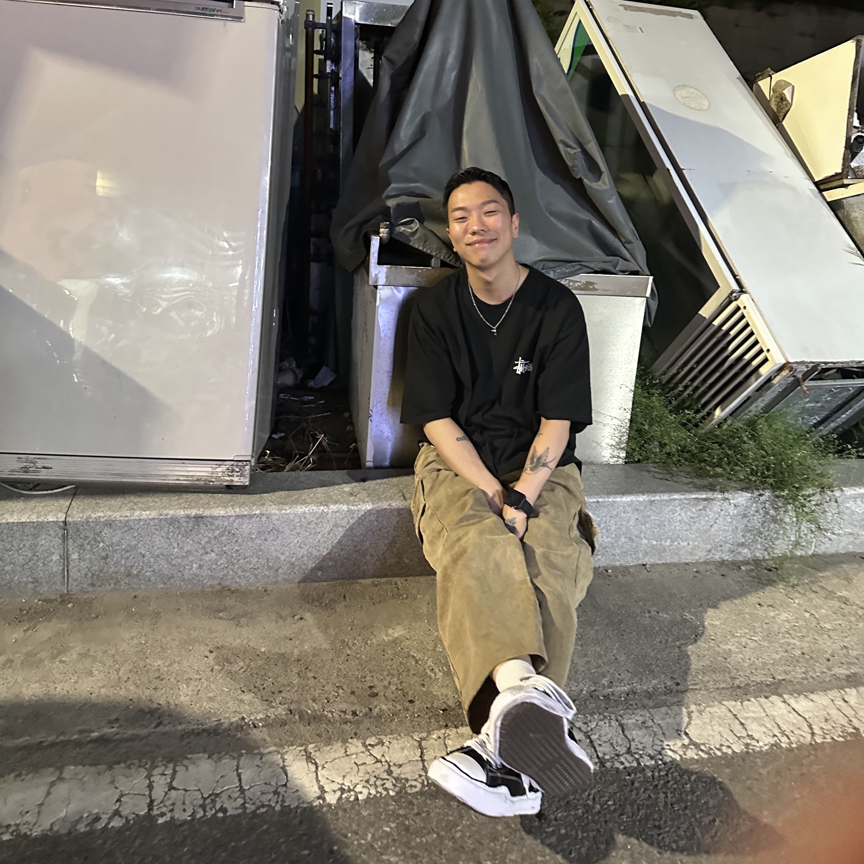 Maison Mihara Yasuhiro Peterson OG Sole Canvas Low Sneakers Black, Stussy Basic Stussy T-Shirt Black 2023 착용 스타일 - 2