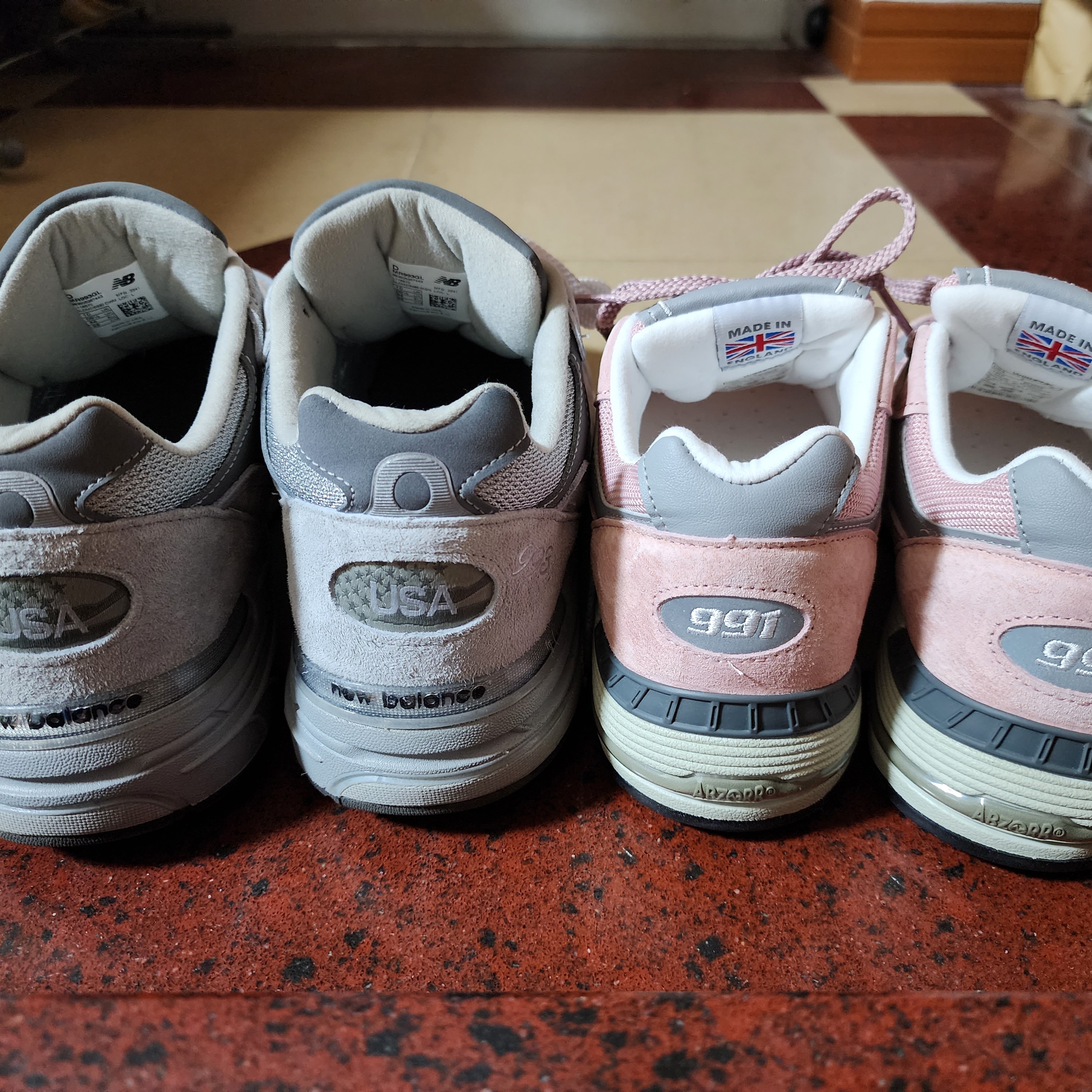 (W) New Balance 991 Made in UK Shy Pink, New Balance 993 Made in USA Grey - D Standard 착용 스타일 - 3