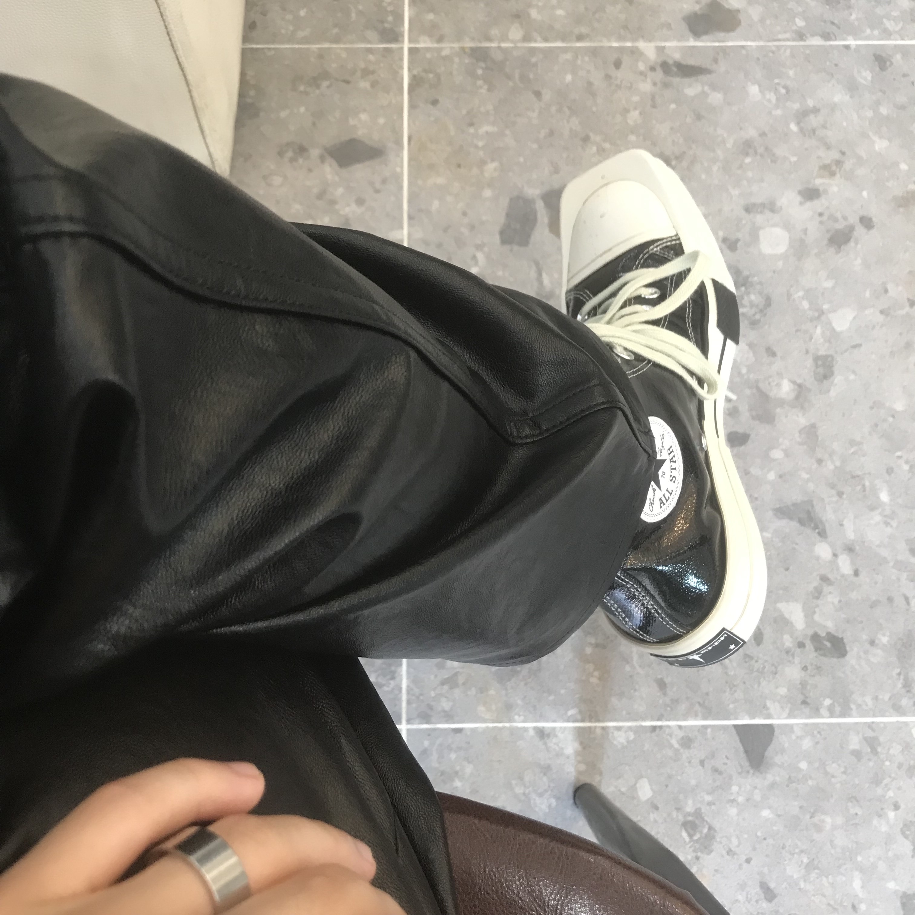 Our Legacy Formal Moto Cut Cageian Fake Leather Black, Converse x Drkshdw Turbodrk Chuck 70 Hi Black Lacquered Denim 착용 스타일