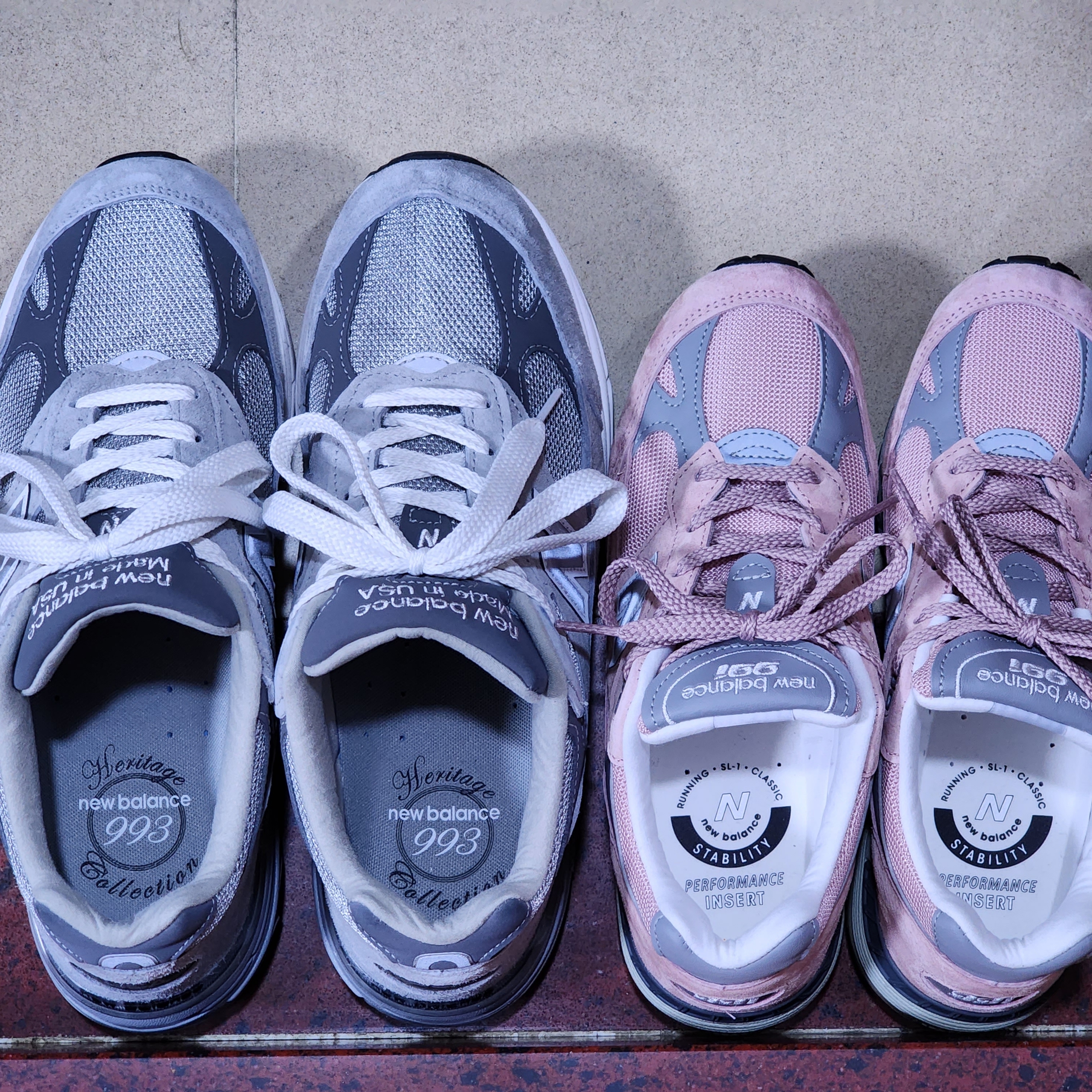 (W) New Balance 991 Made in UK Shy Pink, New Balance 993 Made in USA Grey - D Standard 착용 스타일 - 4