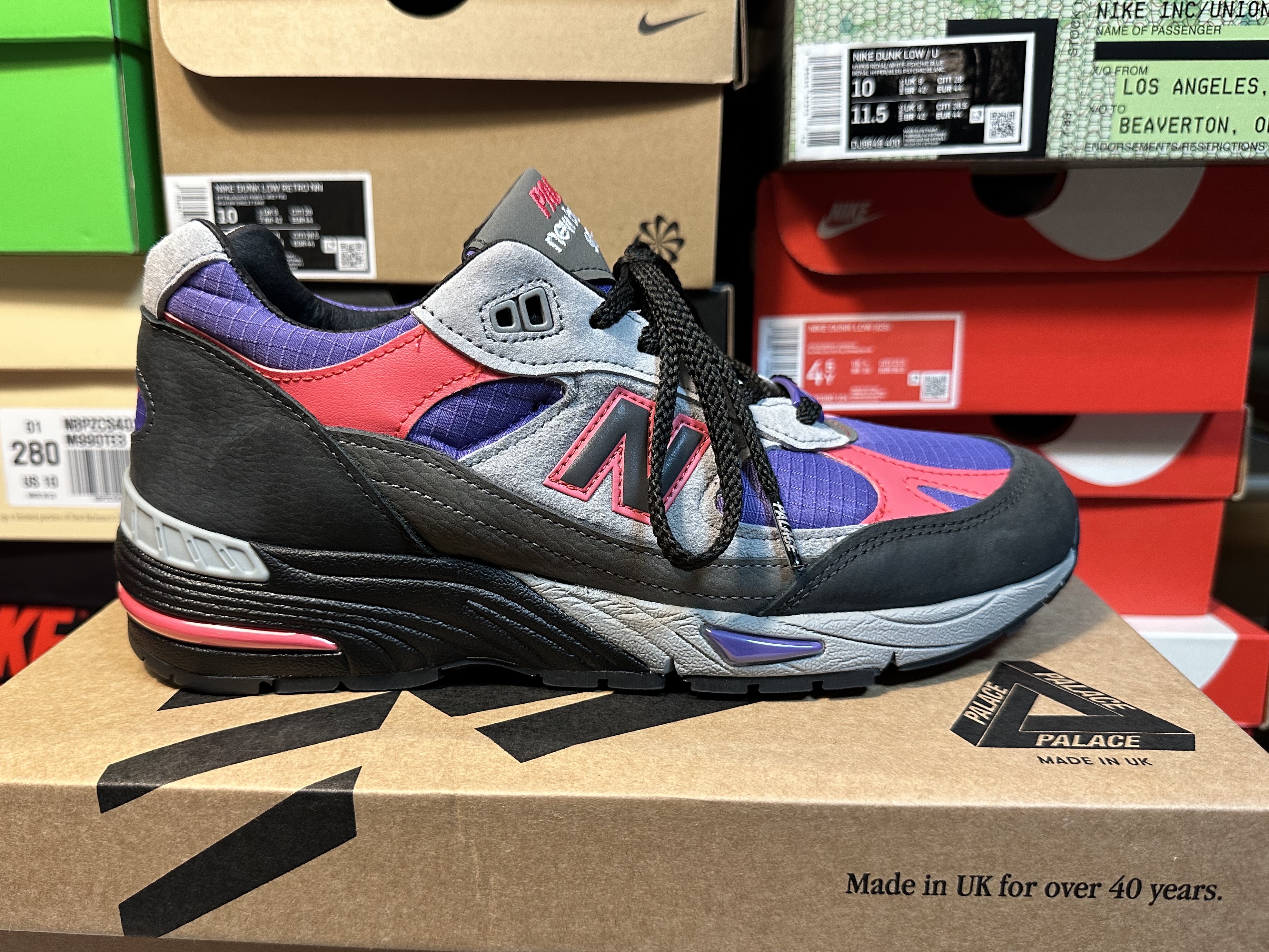 New Balance x Palace 991 Made in UK Black Ultra Violet 착용 스타일 - 4