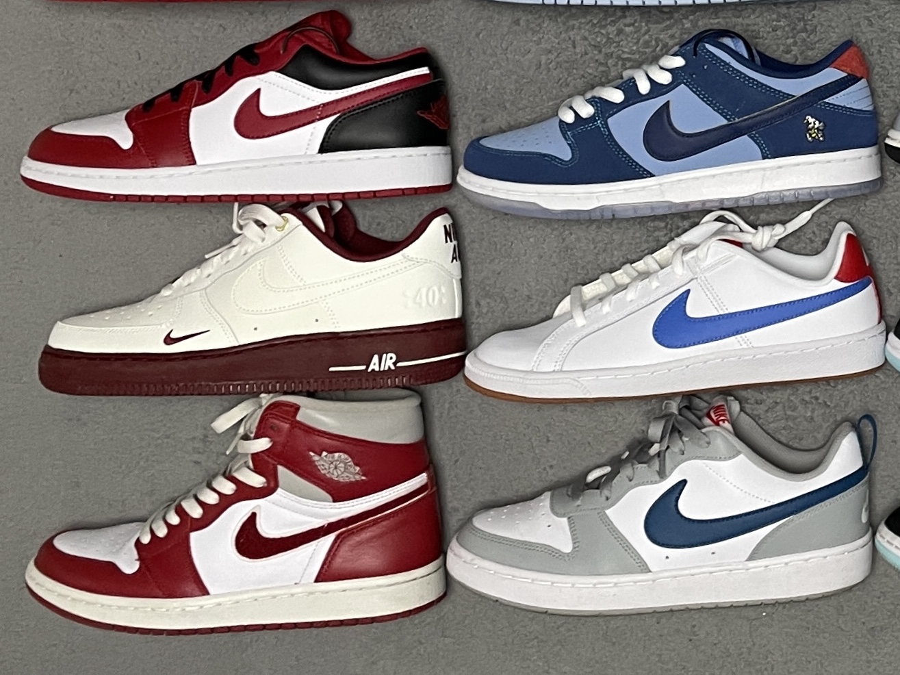 (GS) Jordan 1 Low White Gym Red Black, (W) Nike Air Force 1 '07 SE 40th Anniversary Join Forces Sail Team Red 착용 스타일