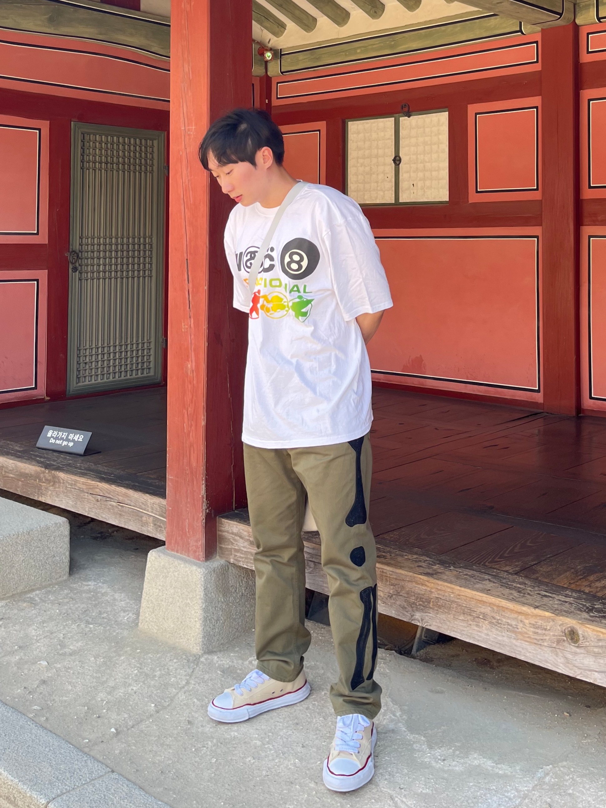 Kapital Vintage Satin Mexican Tuxedo 5P Okagilly Pants Khaki, Stussy x Cactus Plant Flea Market International T-Shirt White 착용 스타일