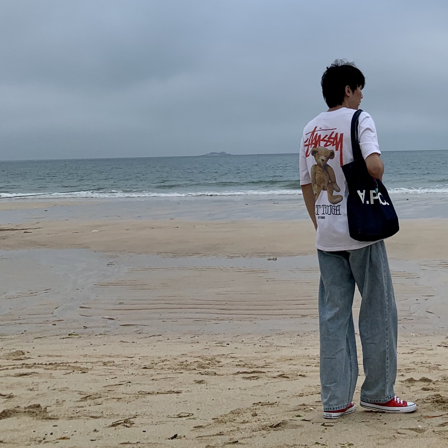 Stussy Built Tough T-Shirt White, A.P.C. Laure Tote Bag Blue 착용 스타일