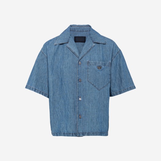 프라다 트라이앵글 로고 샴브레이 숏슬리브 셔츠 라이트 블루