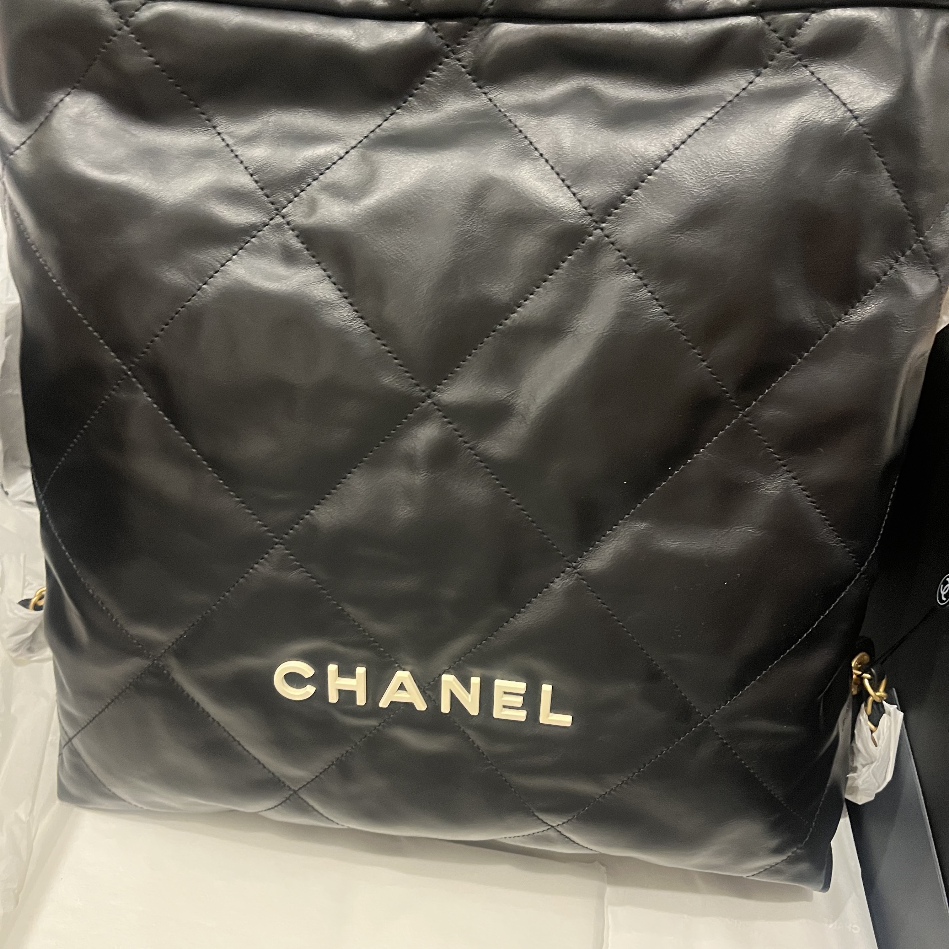 Chanel 22 Backpack Shiny Calfskin & Gold Lacquered Black 착용 스타일 - 1