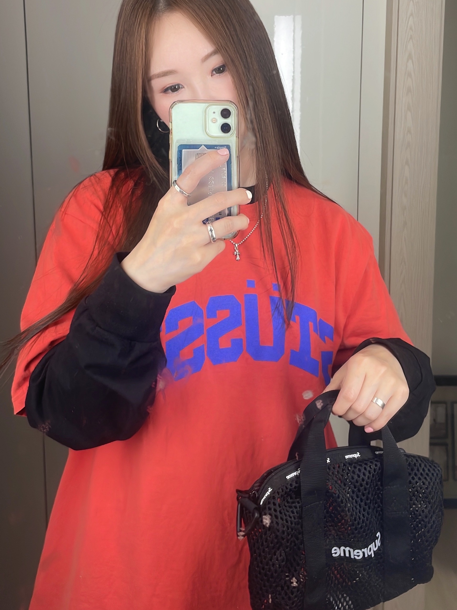 Stussy Block Sport Pigment Dyed T-Shirt Tomato, Supreme Mesh Mini Duffle Bag Black - 23SS 착용 스타일