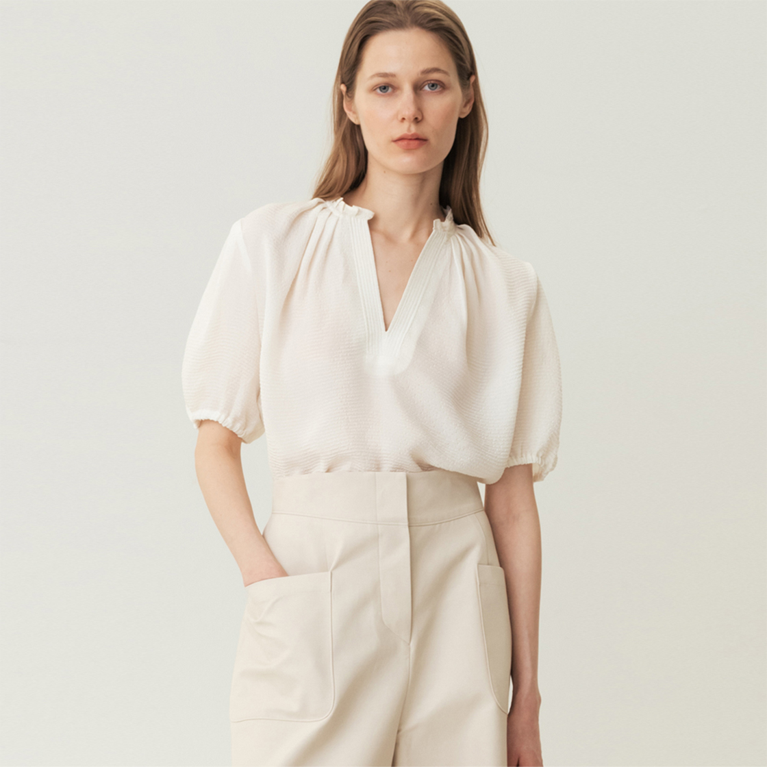 킨더살몬 우먼 실크 자카드 하프 블라우스 크림(Kindersalmon Women Silk Jacquard Half Blouse Cream) - 3