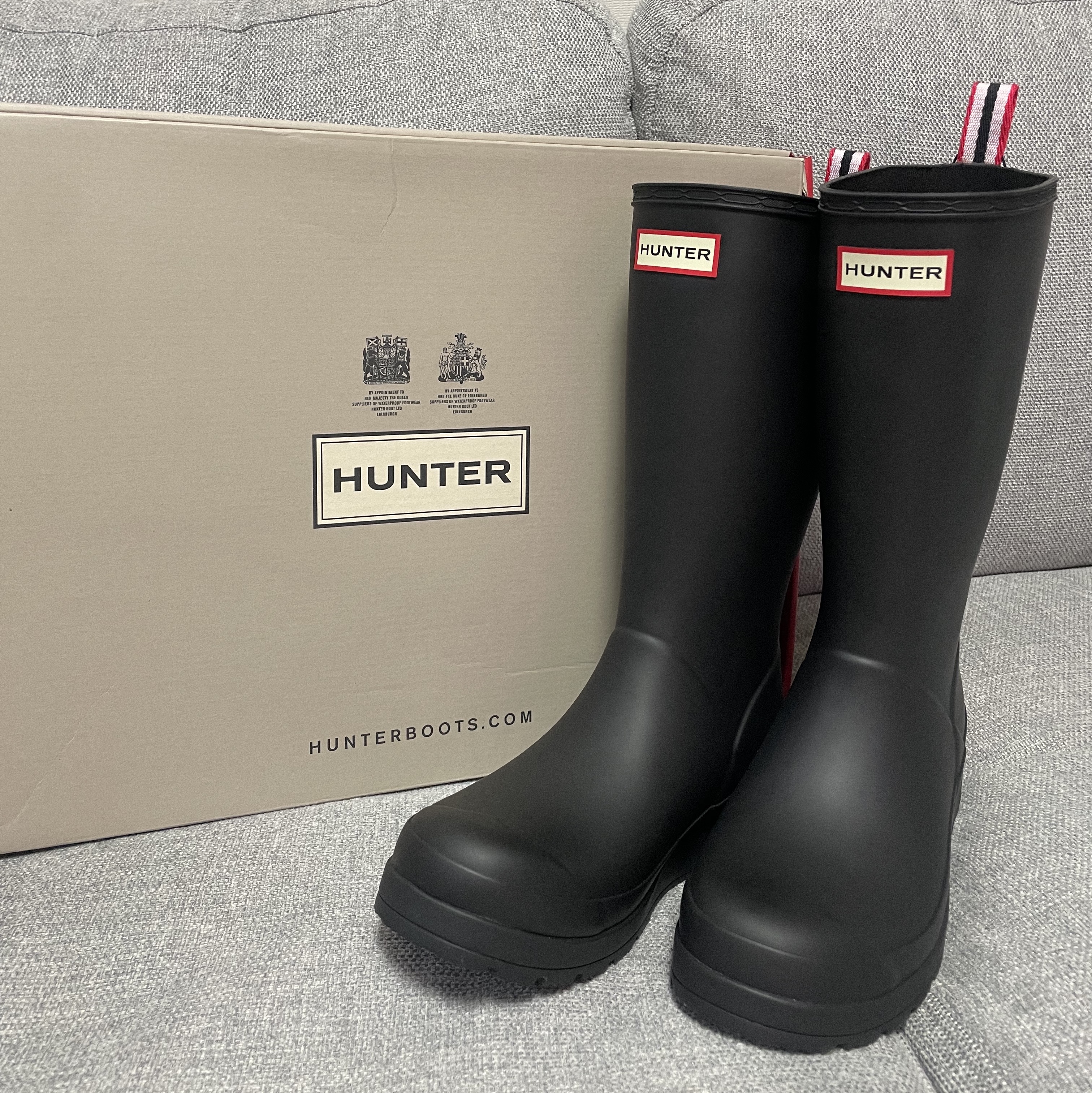 (W) Hunter Play Tall Wellington Rain Boots Black 착용 스타일