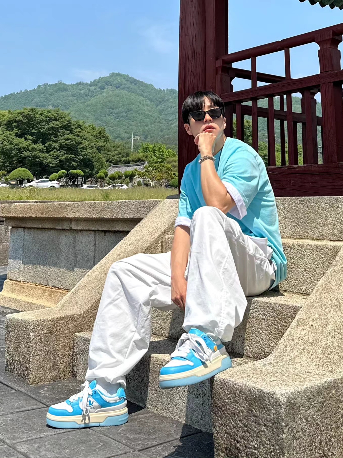 IAB Studio Pigment T-Shirt Cyan 착용 스타일 - 2