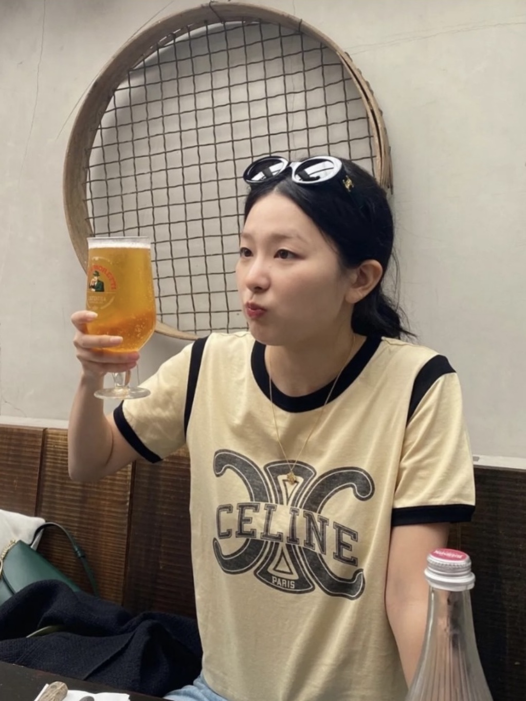 (W) Celine Triomphe T-Shirt in Cotton Jersey Butter Black 착용 스타일