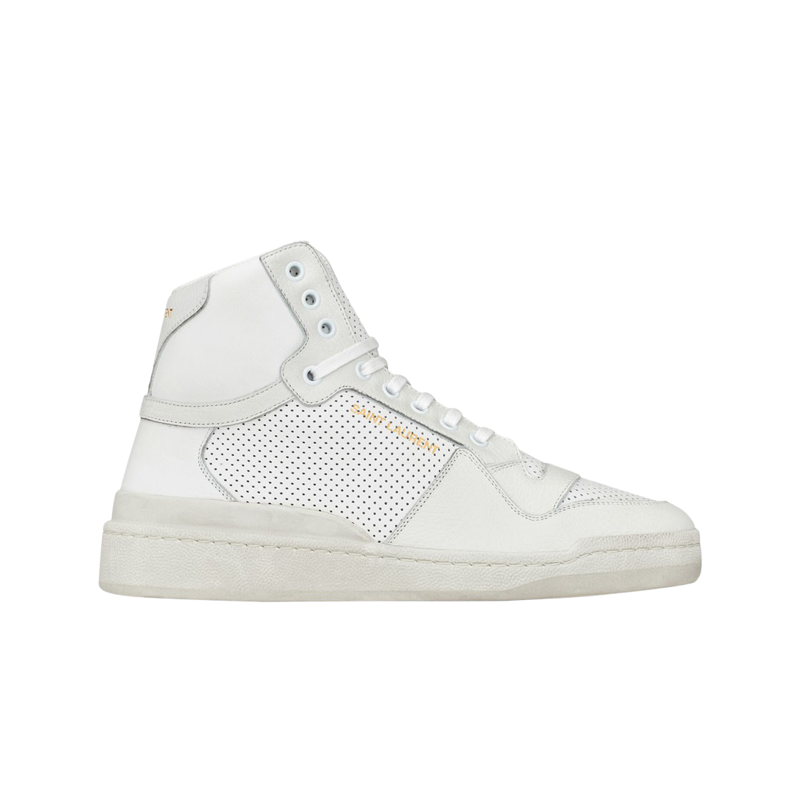 610618-04LB0-9030 Saint Laurent SL24 Mid-Top Sneakers in Used-Look Perforated Leather Optic White