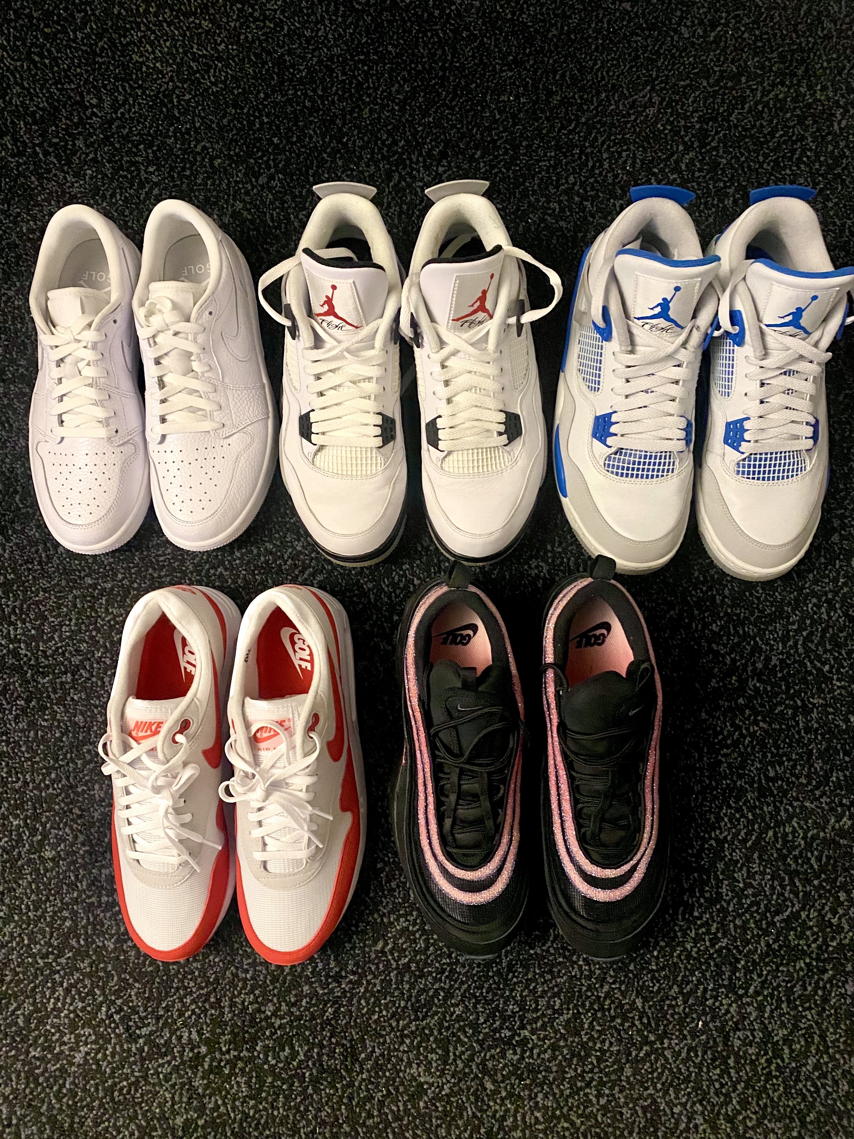 Jordan 1 Low Golf Triple White, Jordan 4 Golf White Cement 착용 스타일