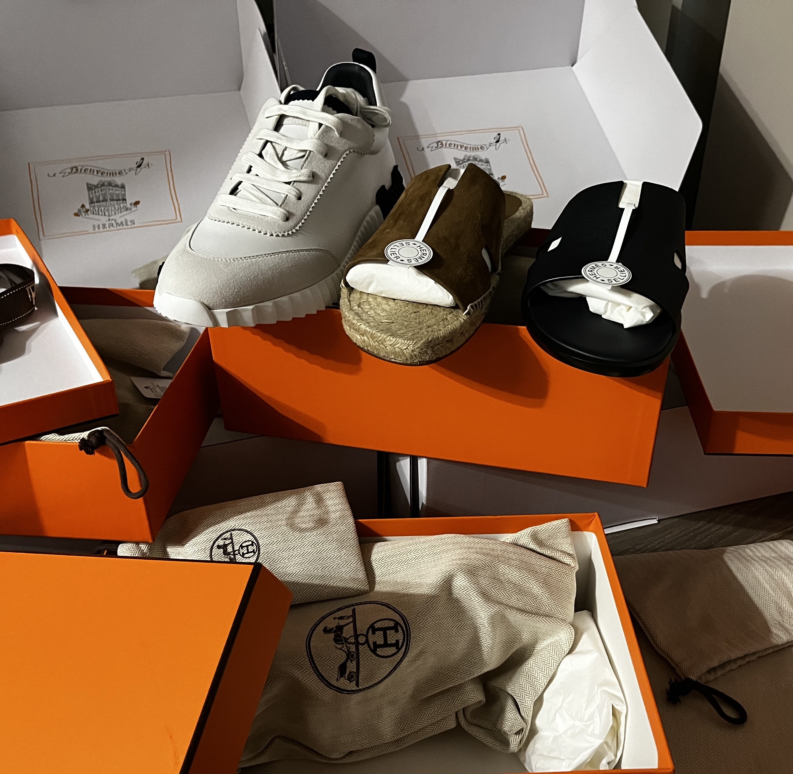 Hermes Antigua Espadrille Suede Goatskin & Vert Toundra, Hermes Bouncing Sneakers Calfskin Suede Goatskin & Blanc 착용 스타일