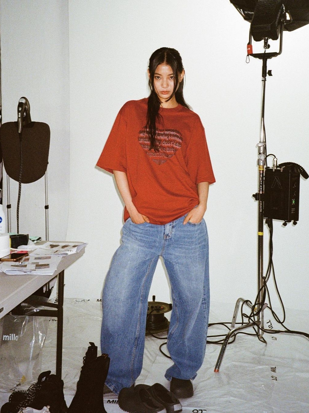 Millo Archive Reflect Curved Pants Light Blue, Millo Archive Reflect Curved Pants Mid Blue 착용 스타일