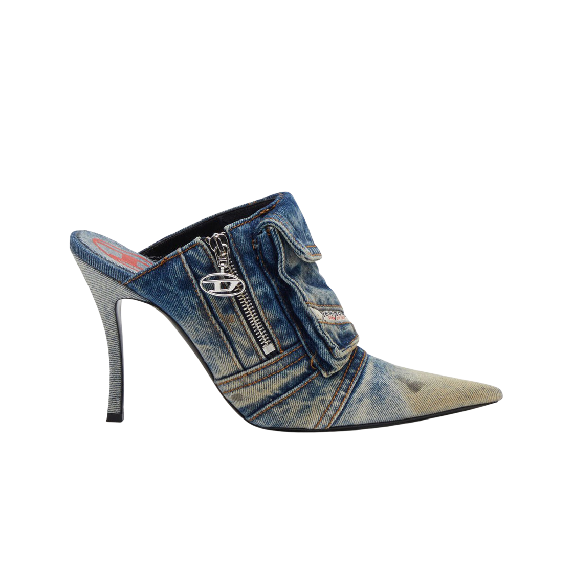 (W) 디젤 D-비너스 포켓 Ml 힐리드 워시드 데님 뮬 브라운((W) Diesel D-Venus Pocket Ml Heeled Mules In Washed Denim Brown) - 1