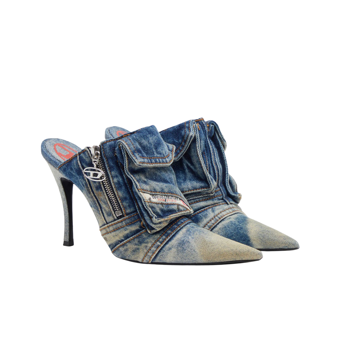 (W) 디젤 D-비너스 포켓 Ml 힐리드 워시드 데님 뮬 브라운((W) Diesel D-Venus Pocket Ml Heeled Mules In Washed Denim Brown) - 2