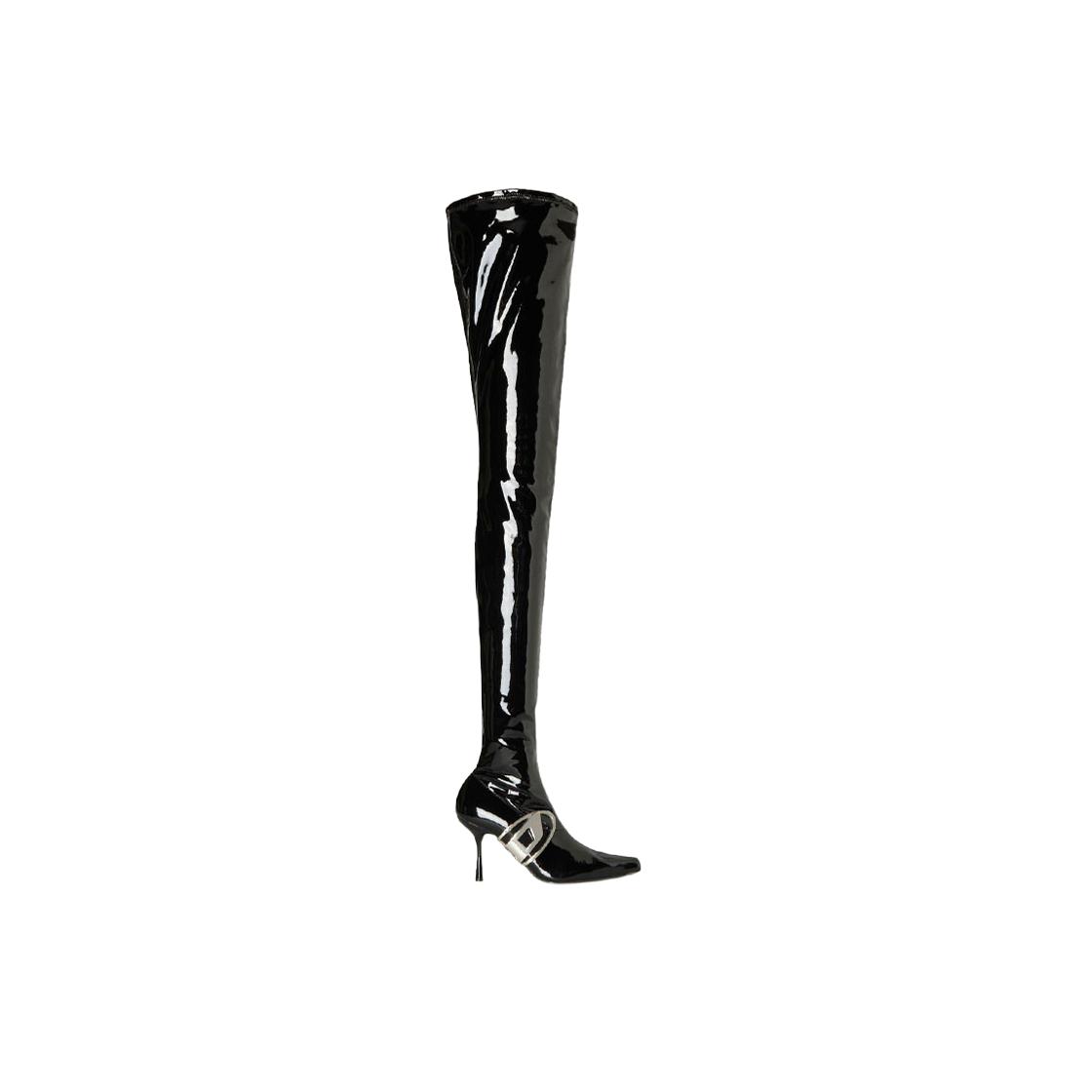 (W) 디젤 D-이클립스 Tbt 오발 플라크 페이턴트 타이 하이 부츠 블랙((W) Diesel D-Eclipse Tbt Patent Thigh-High Boots with Oval Plaque Black) - 1