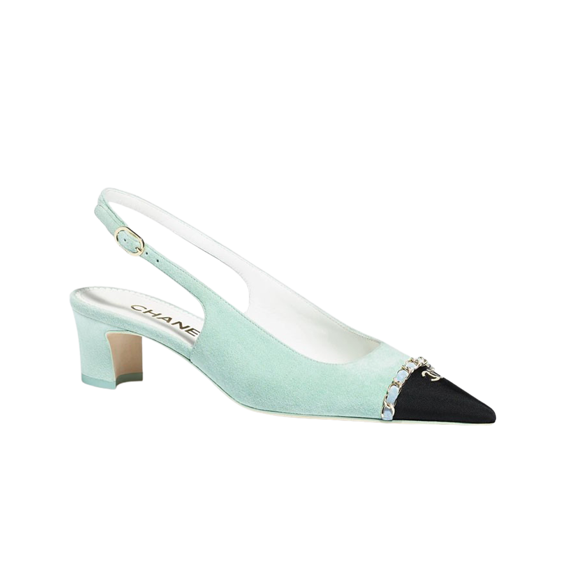 (W) 샤넬 슬링백 스웨이드 카프스킨 그로그랭 메탈 & 라이트 터콰이즈 라이트 블루 블랙((W) Chanel Slingbacks Suede Calfskin Grosgrain Metal & Light Turquoise Light Blue Black) - 1