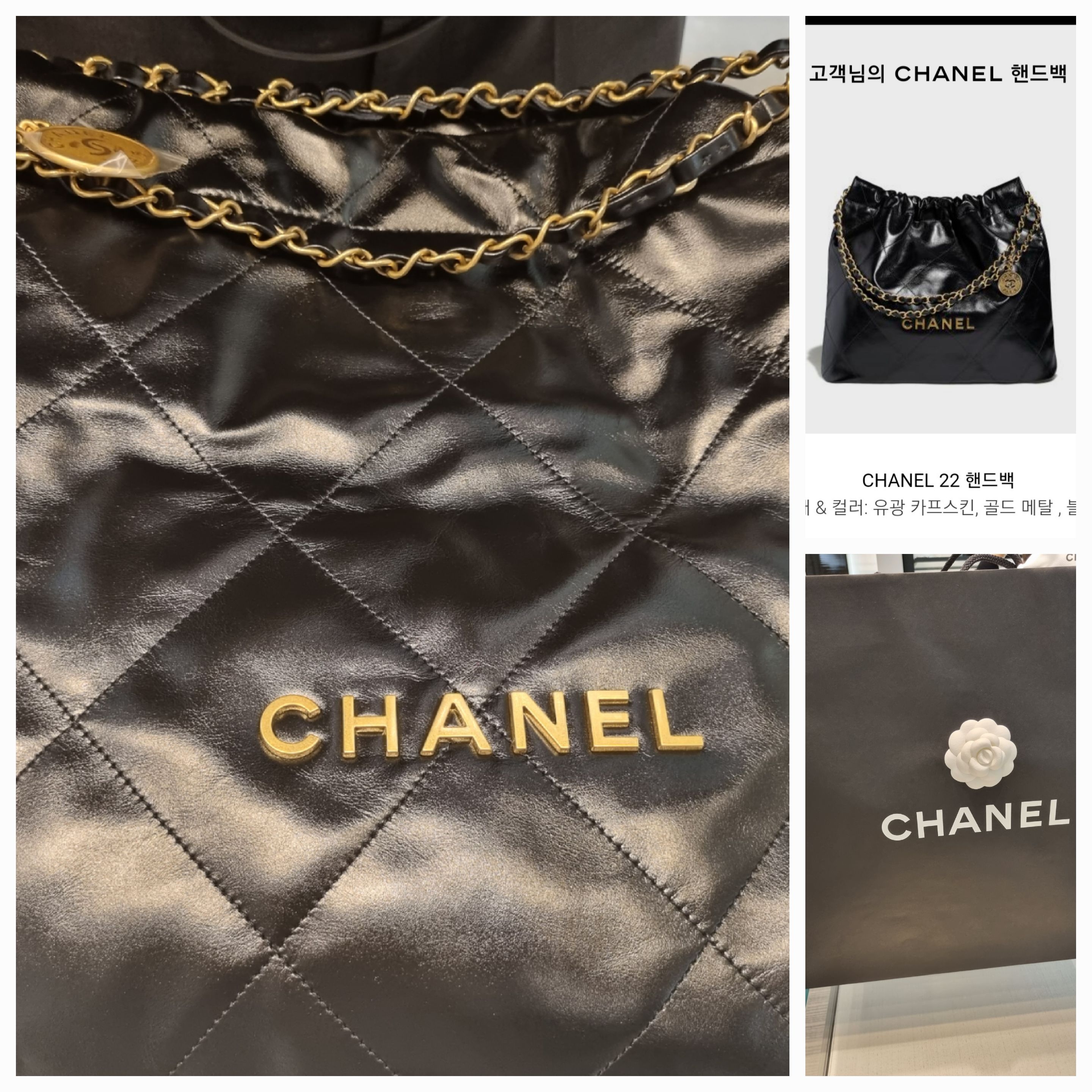 Chanel 22 Medium Handbag Shiny Calfskin & Gold Black 착용 스타일