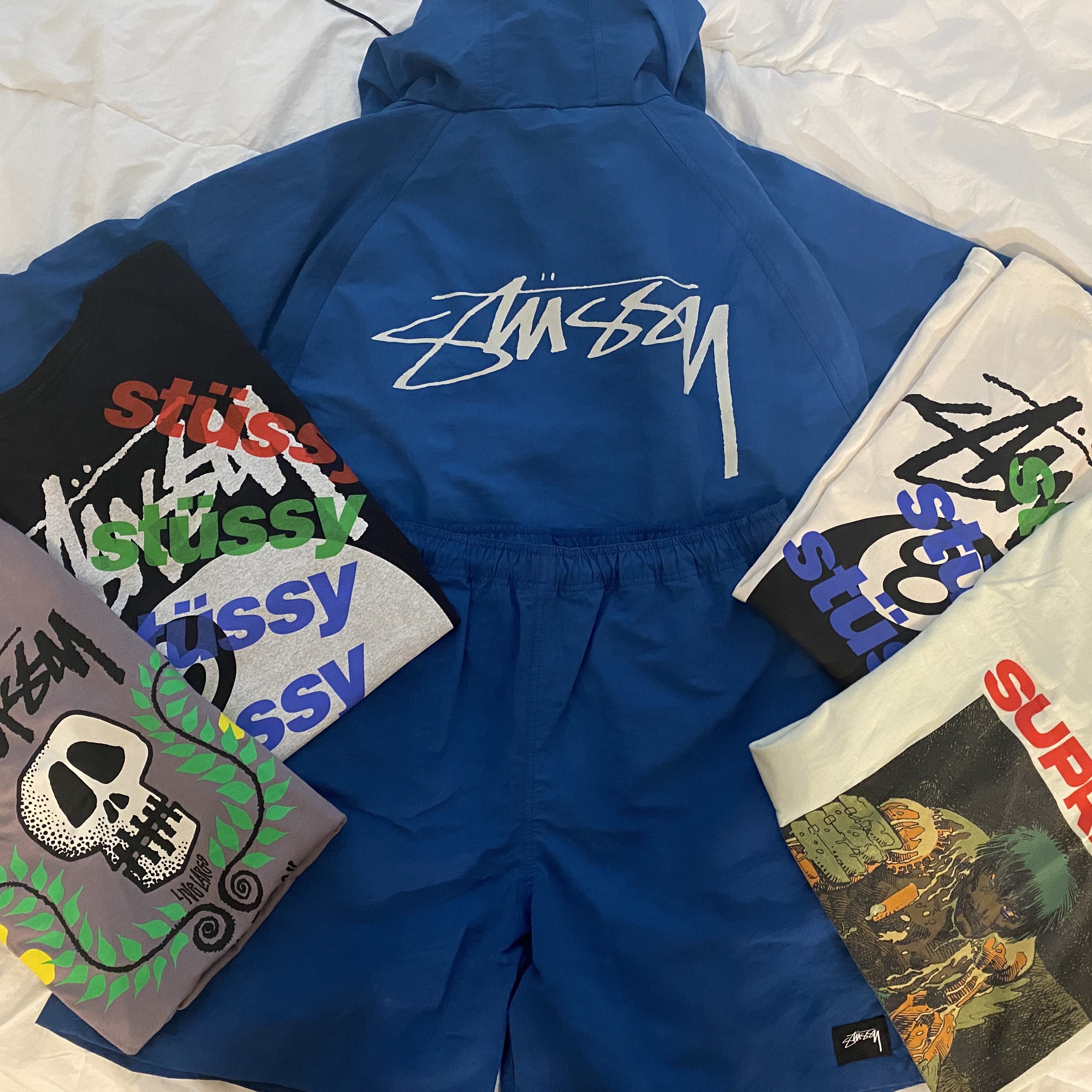 Stussy Test Strike Pigment Dyed T-Shirt Natural, Stussy Wave Dye Beach Shell Jacket Cobalt 착용 스타일