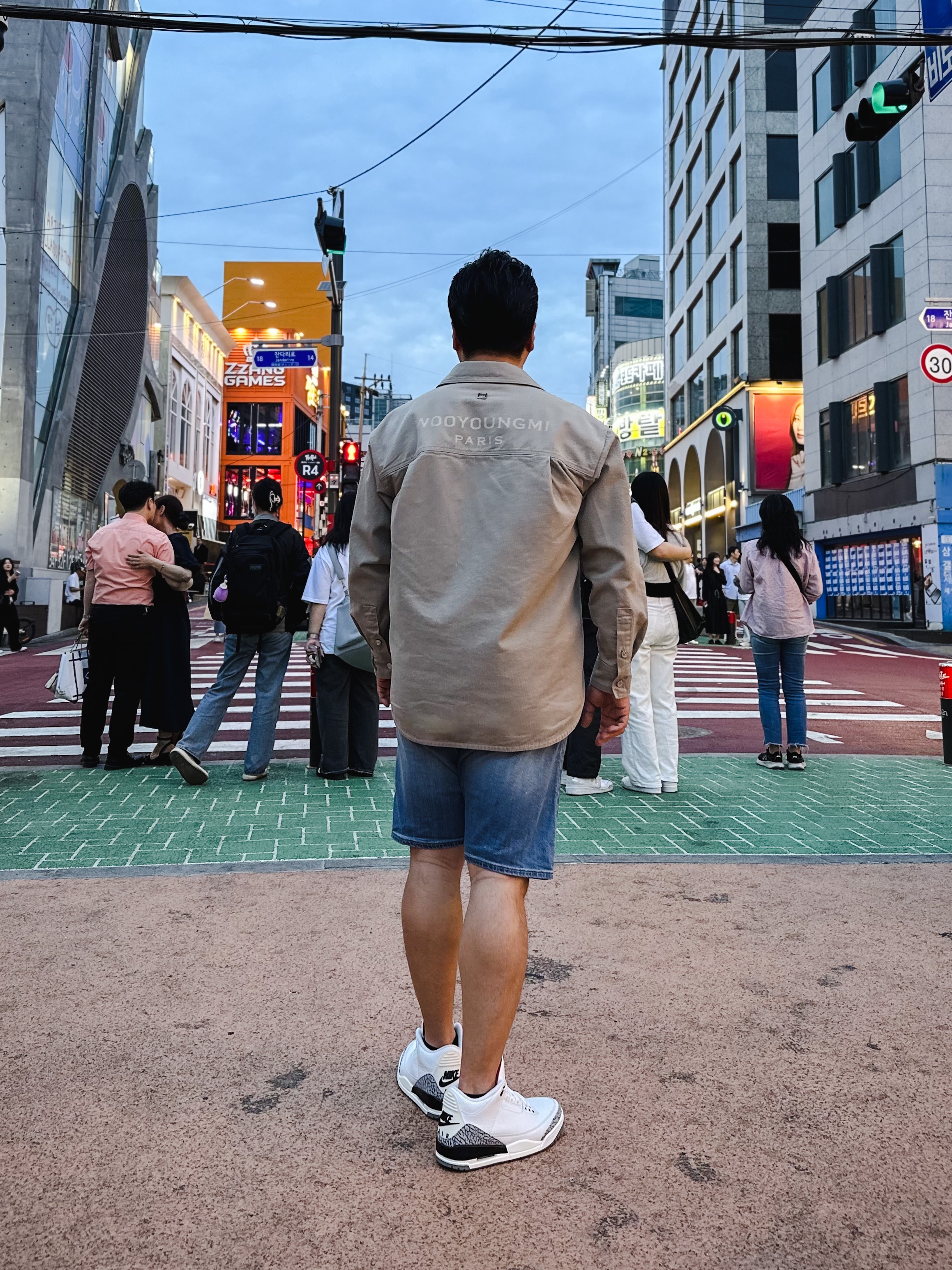 Jordan 3 Retro White Cement Reimagined, Wooyoungmi Denim Back Logo Shirt Beige - 23SS 착용 스타일 - 1
