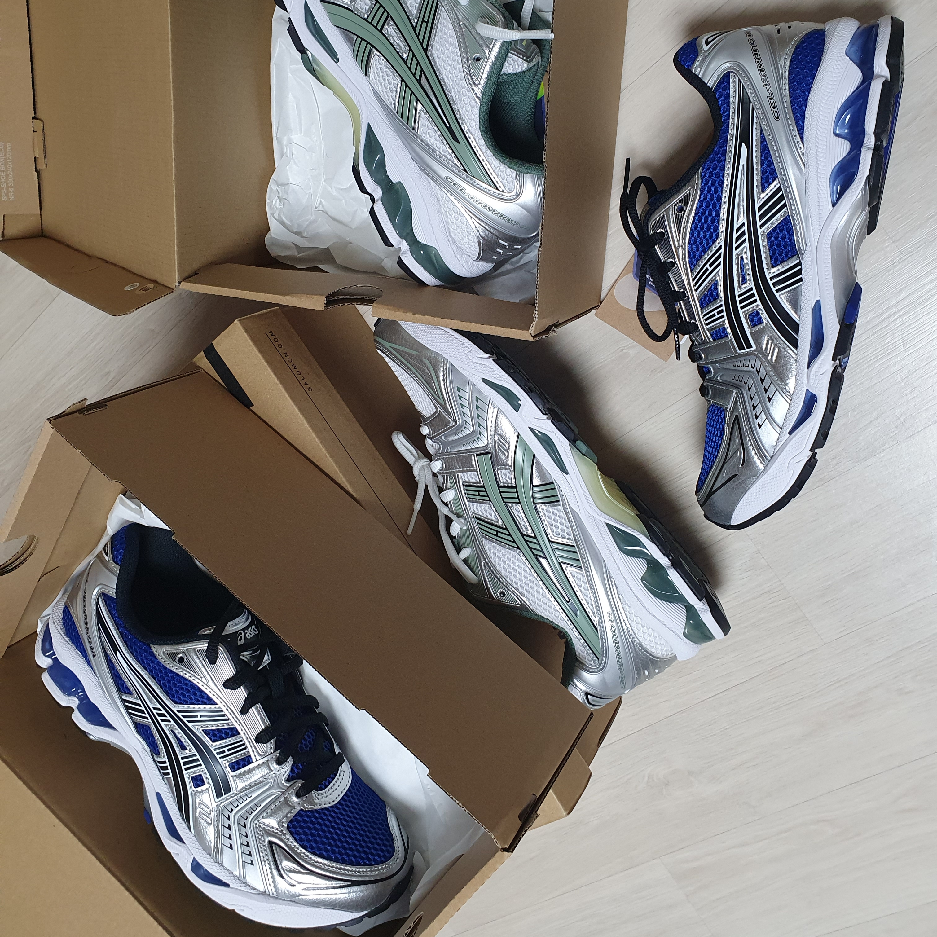 Asics Gel-Kayano 14 Monaco Blue Black, Asics Gel-Kayano 14 White Slate Grey 착용 스타일