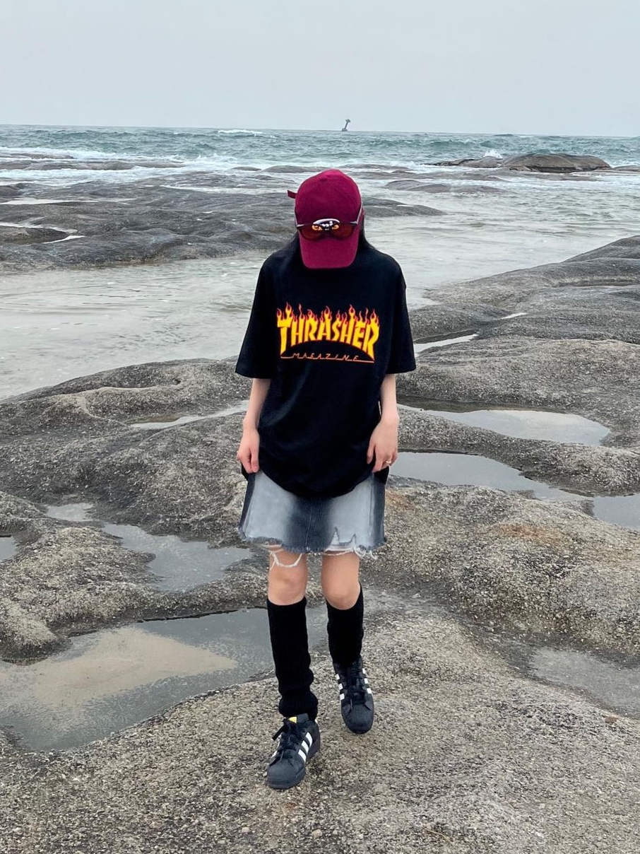 Thrasher Flame T-Shirts Black 착용 스타일