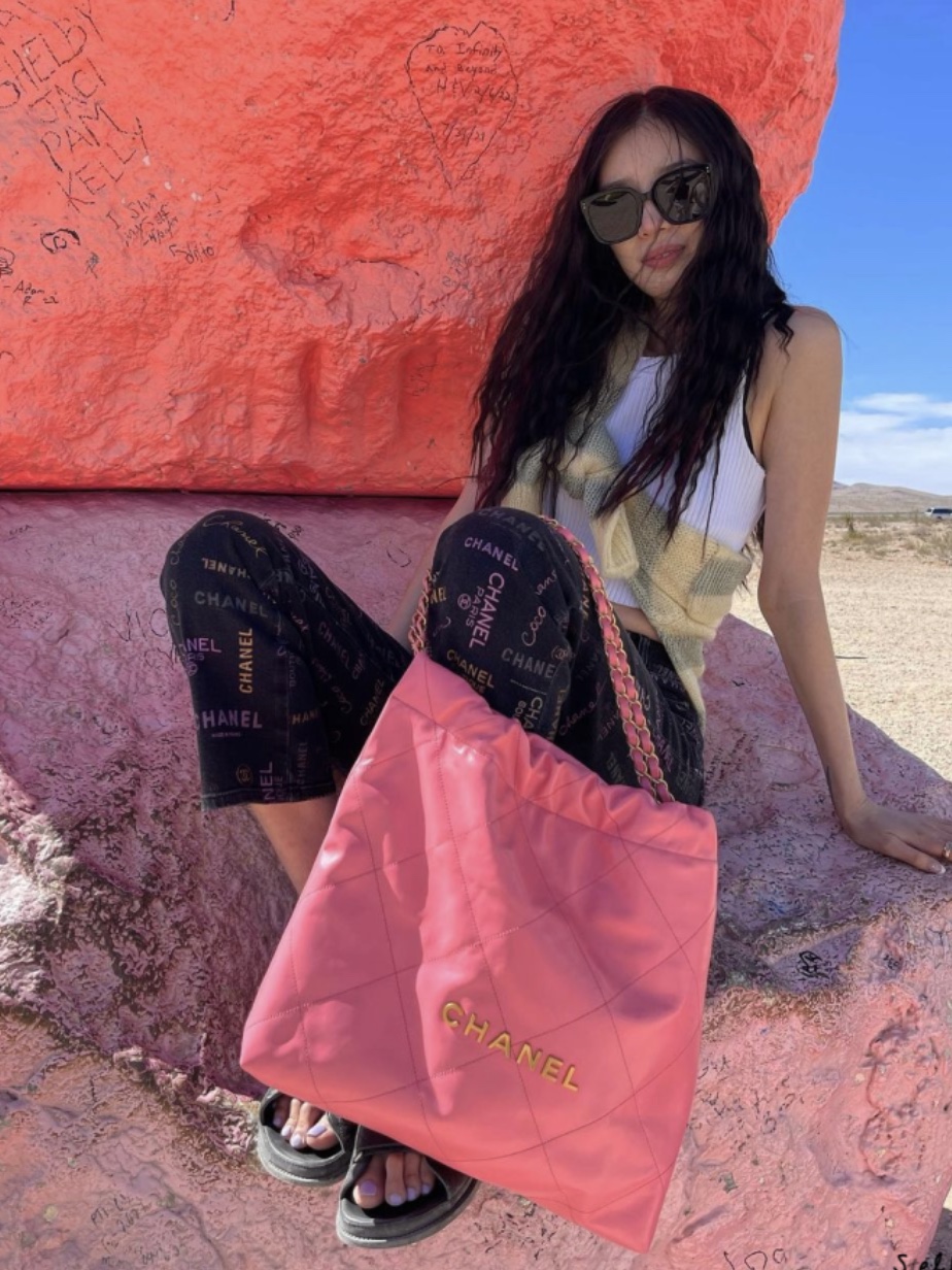 Chanel 22 Small Handbag Shiny Calfskin & Gold Coral Pink 착용 스타일