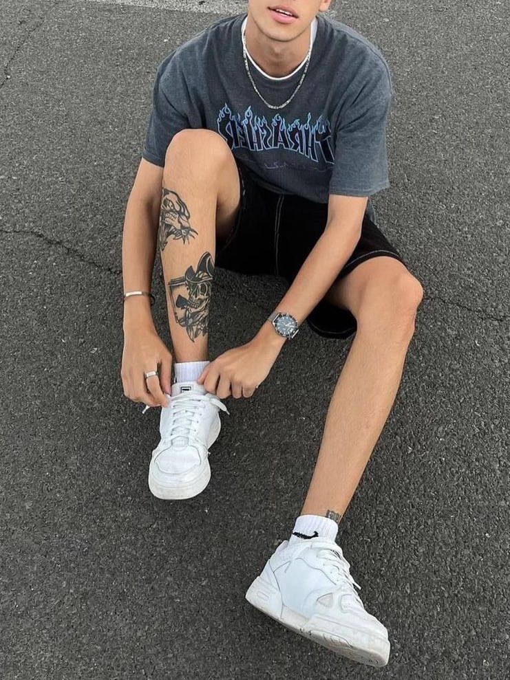 Thrasher Flame T-Shirts Dark Heather, Nike Air Force 1 '07 Low White 착용 스타일