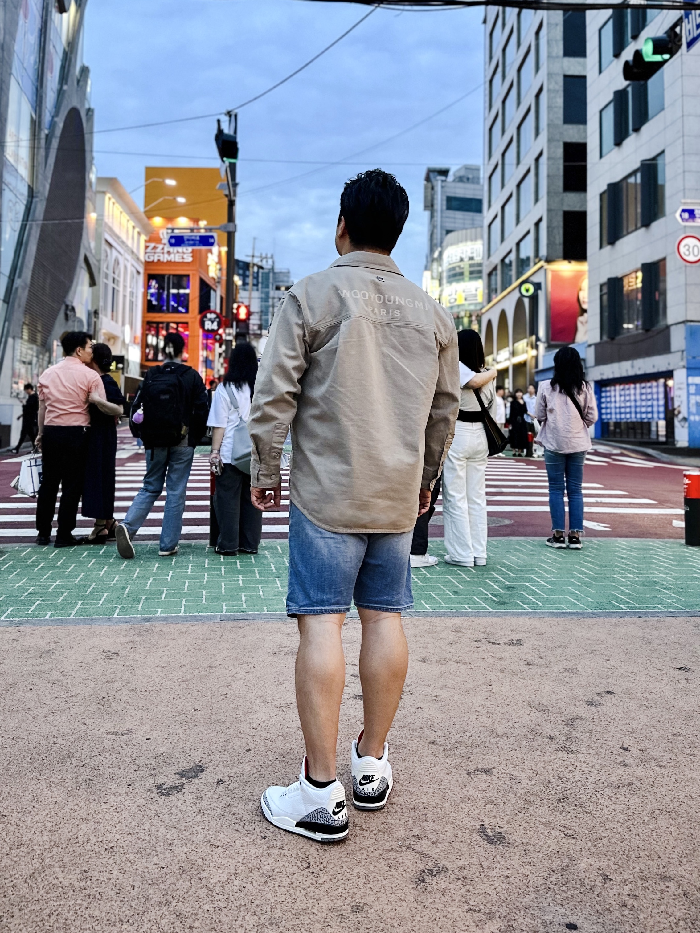 Jordan 3 Retro White Cement Reimagined, Wooyoungmi Denim Back Logo Shirt Beige - 23SS 착용 스타일 - 2