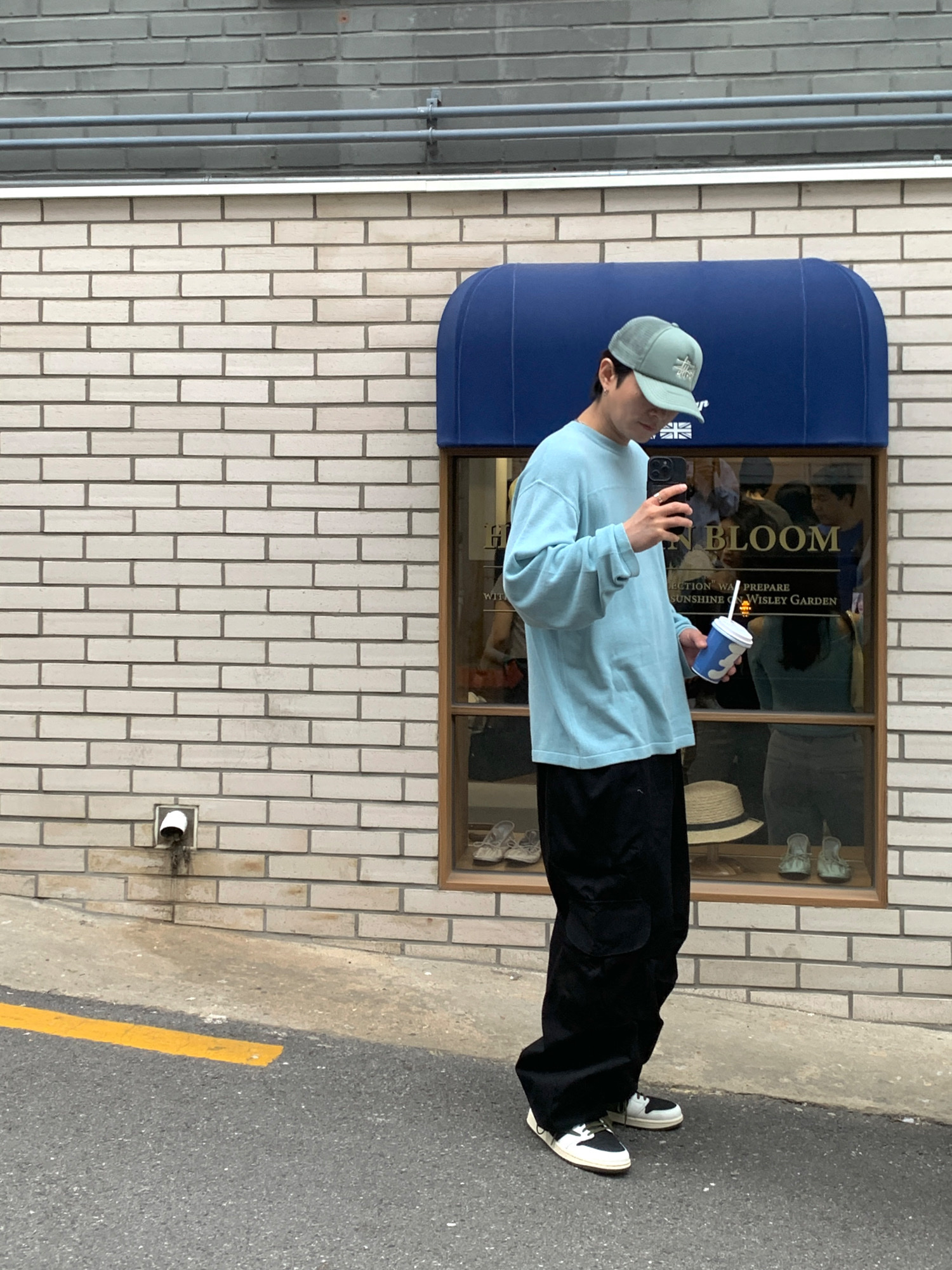 Stussy Football Sweater Light Blue, Stussy Basic Trucker Cap Turquoise 착용 스타일 - 4