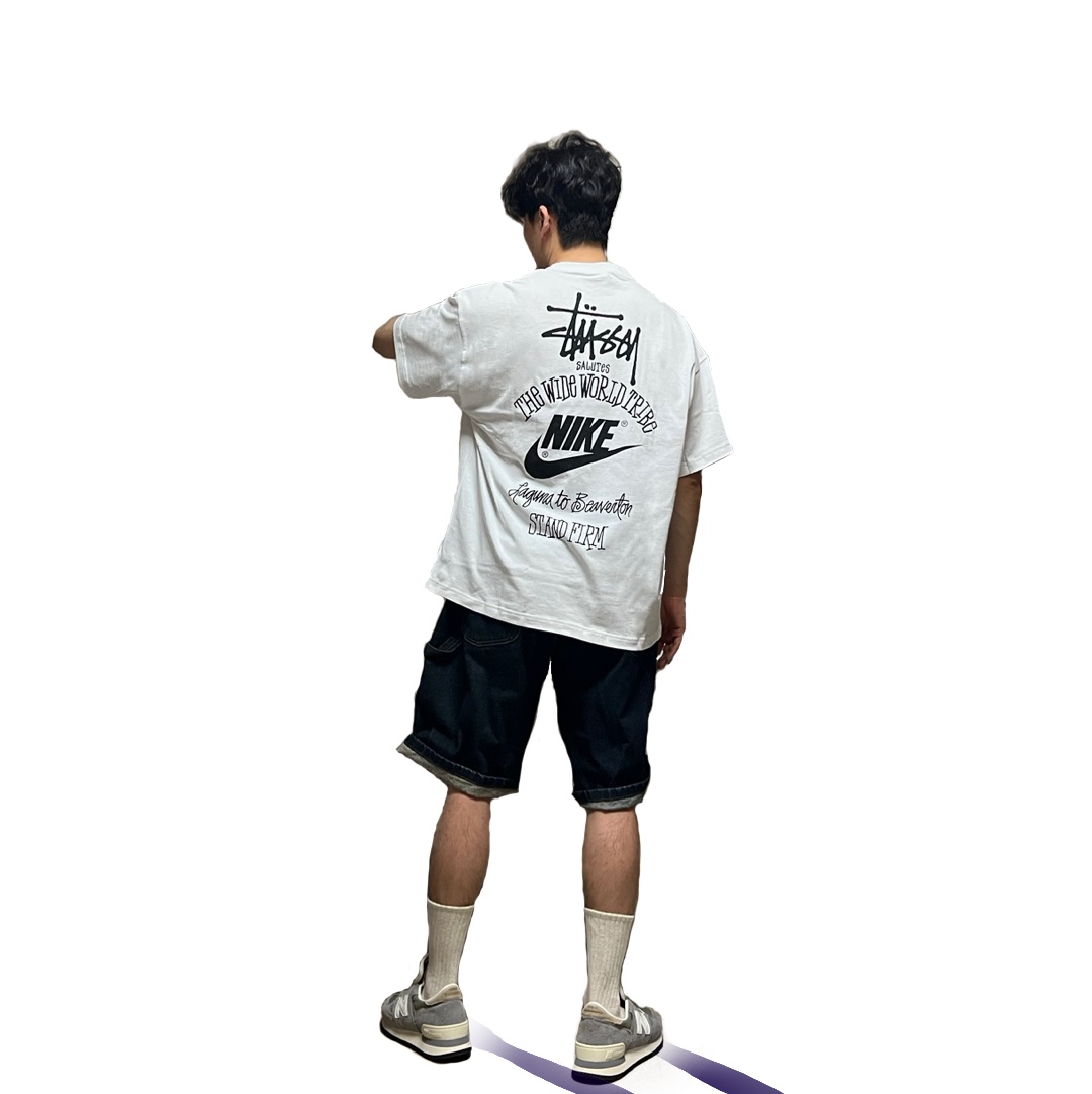 Nike x Stussy T-Shirt White (DV1774-100), New Balance 990v1 Made in USA Marblehead Incense 착용 스타일