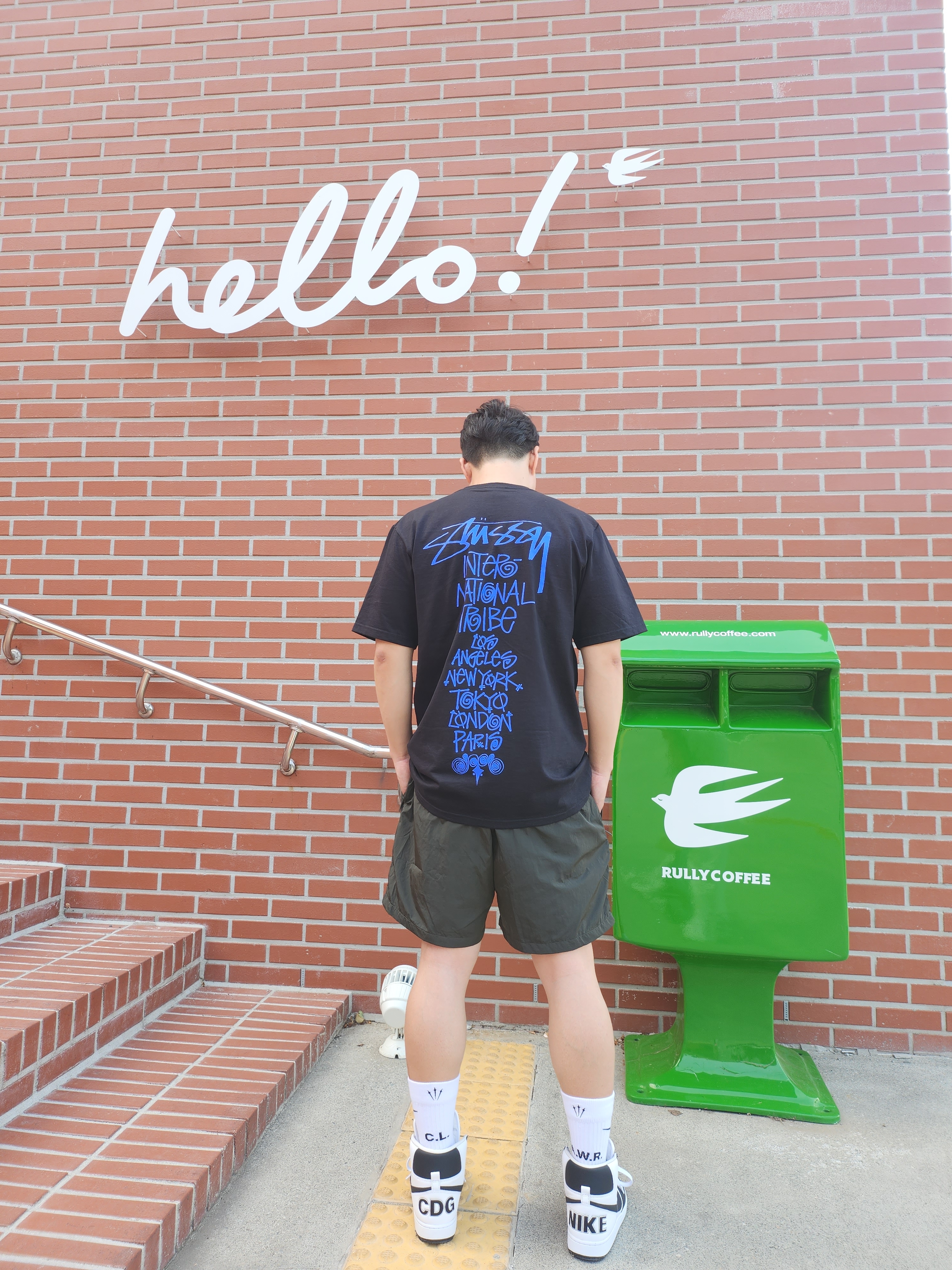 Nike x Comme des Garcons Homme Plus Terminator High Black, Stussy Tribe Stack T-Shirt Black 착용 스타일 - 3