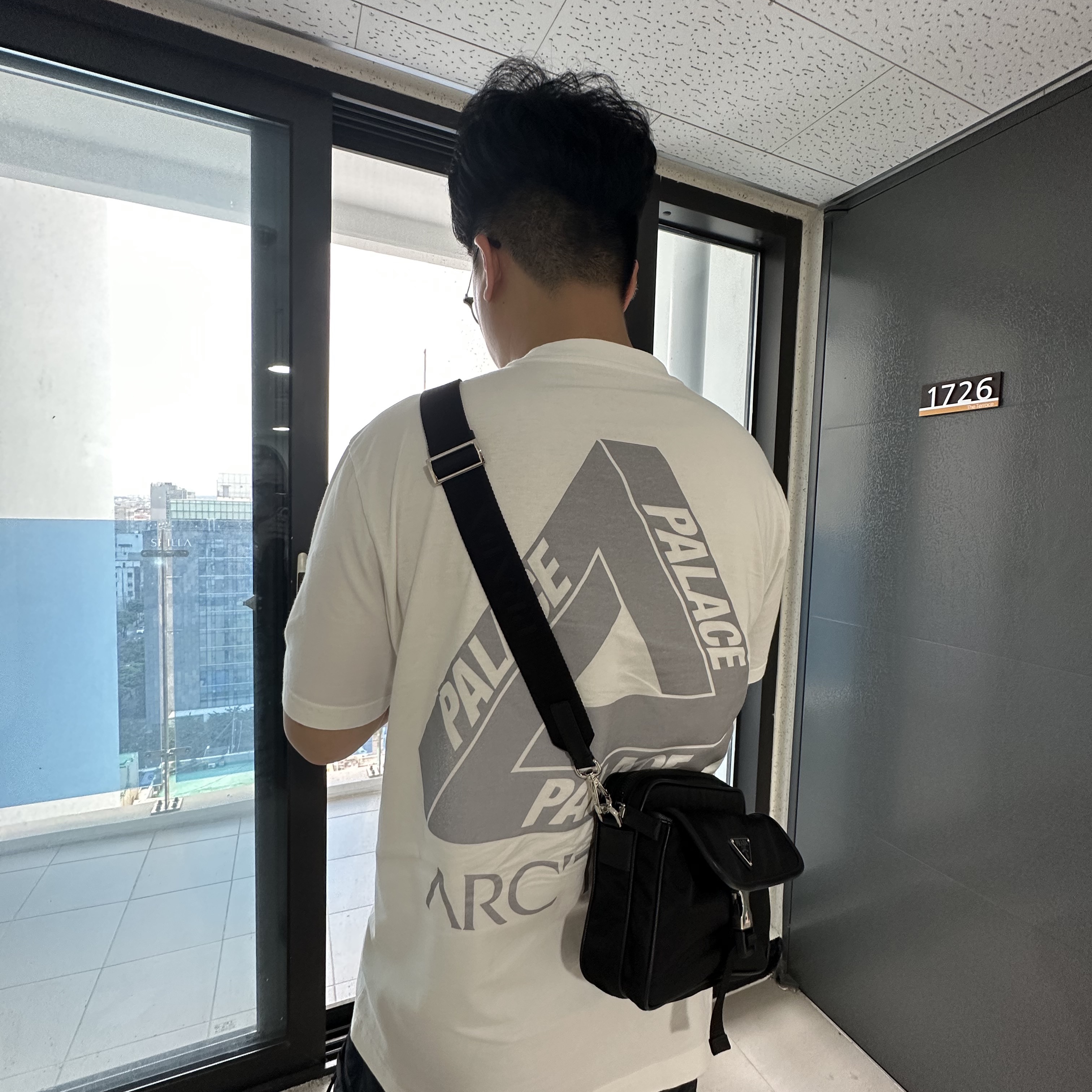 Palace x Arc'teryx T-Shirt White - 20FW, Prada Re-Nylon and Saffiano Leather Shoulder Bag Black 착용 스타일