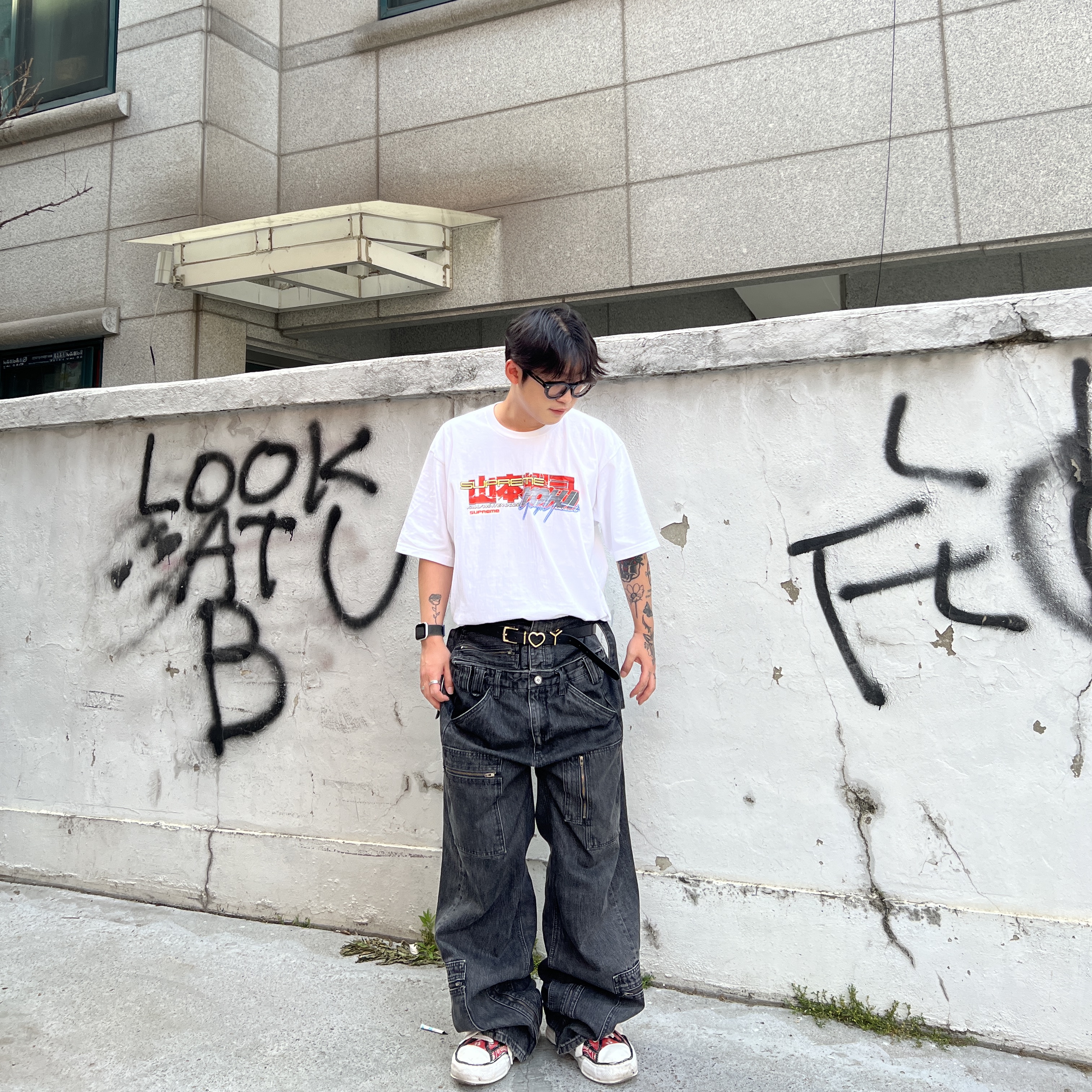 Maison Mihara Yasuhiro Peterson OG Sole Canvas Bandana Low-top Sneakers Red, Supreme x Yohji Yamamoto Tekken T-Shirt White - 22FW 착용 스타일 - 2