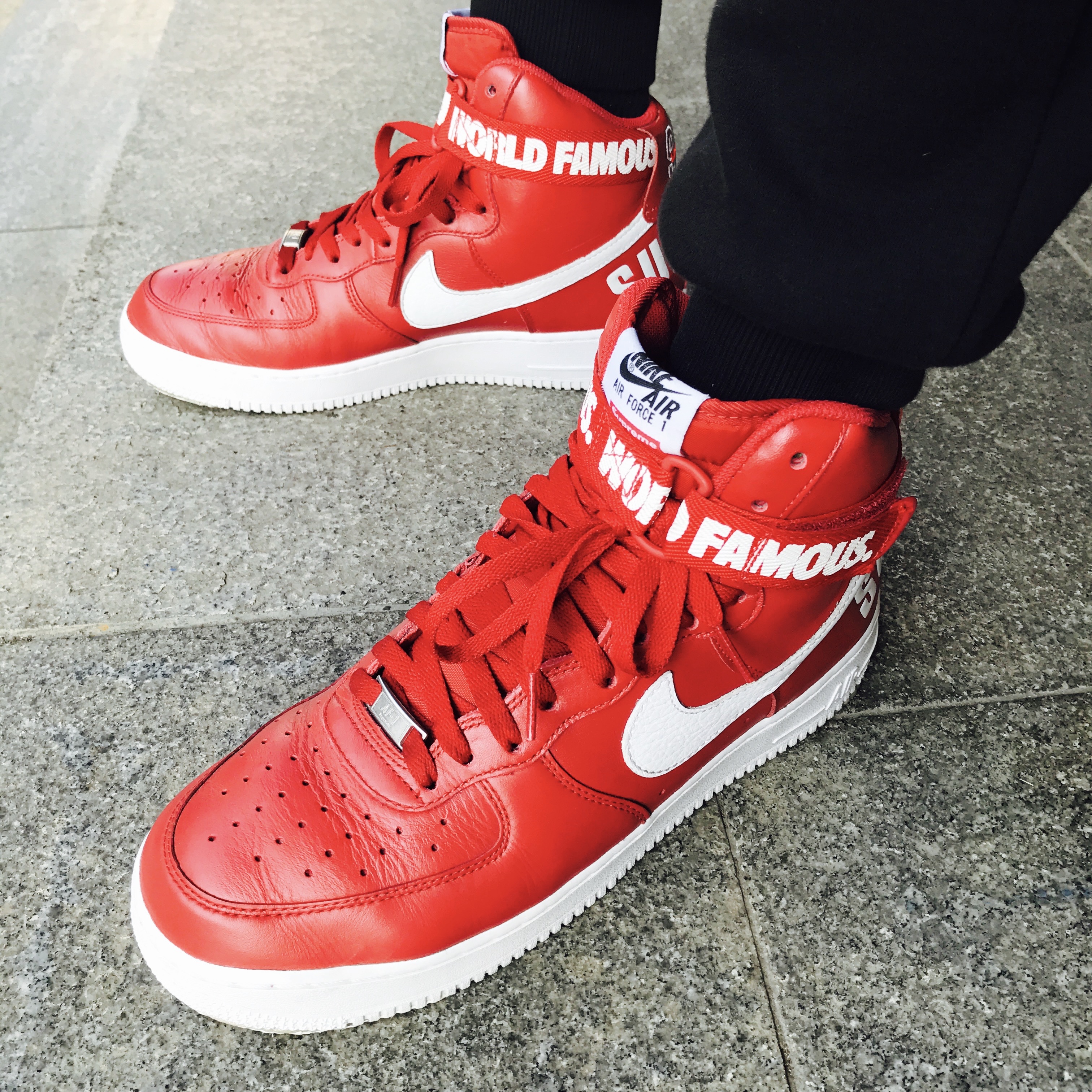 Nike x Supreme Air Force 1 High World Famous Red 착용 스타일