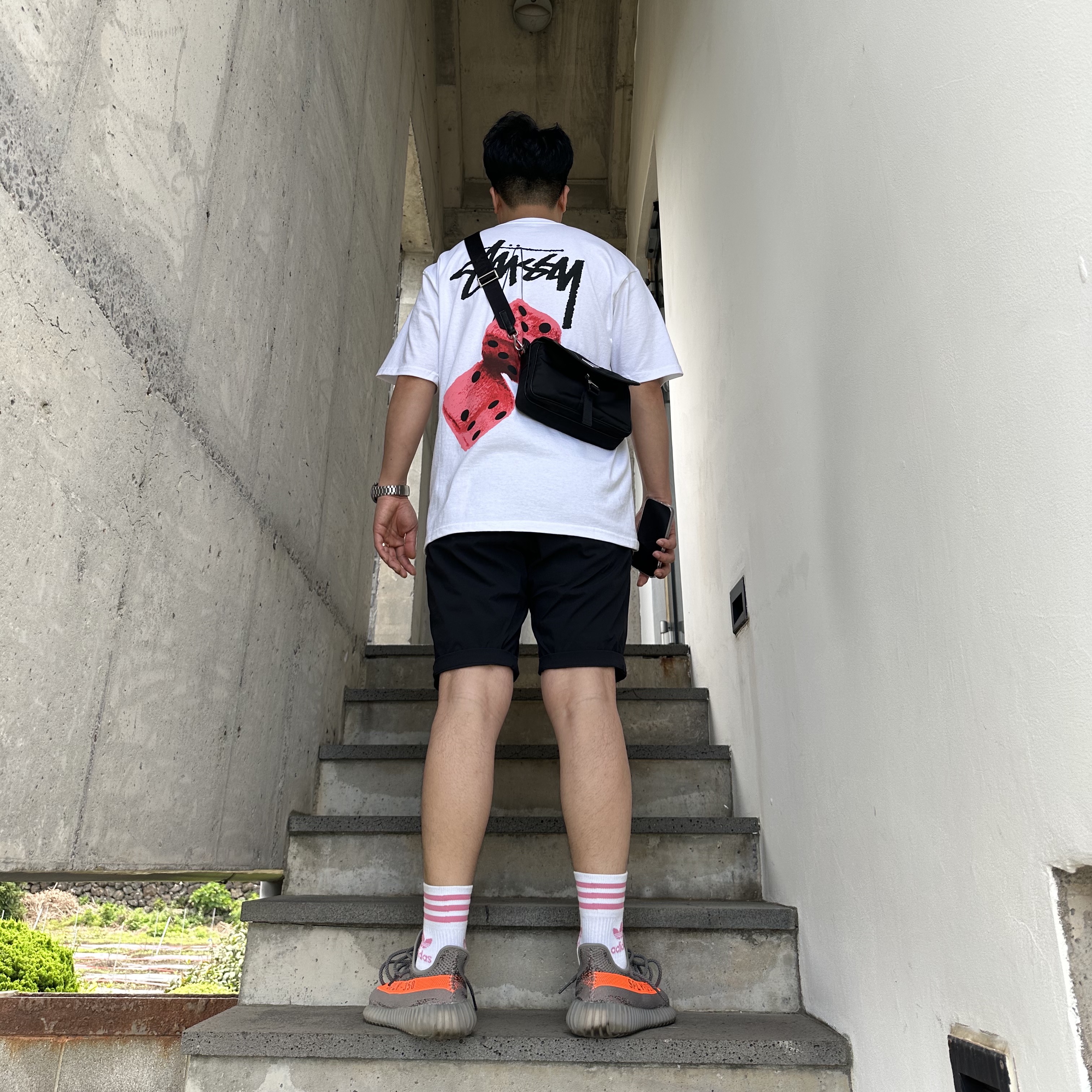 Stussy Fuzzy Dice T-Shirt White, Prada Re-Nylon and Saffiano Leather Shoulder Bag Black 착용 스타일